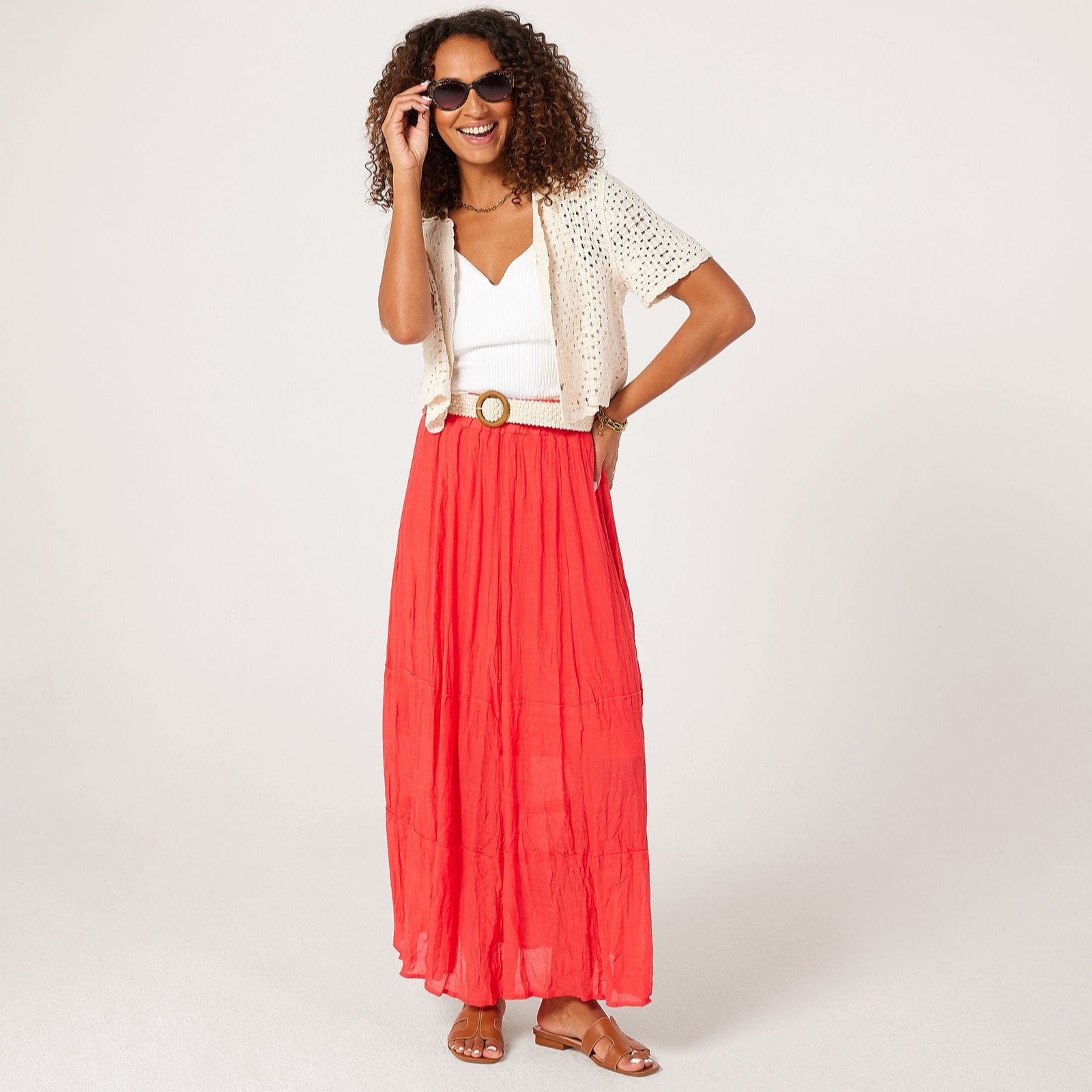 Apricot Tiered Maxi Belted Skirt Short