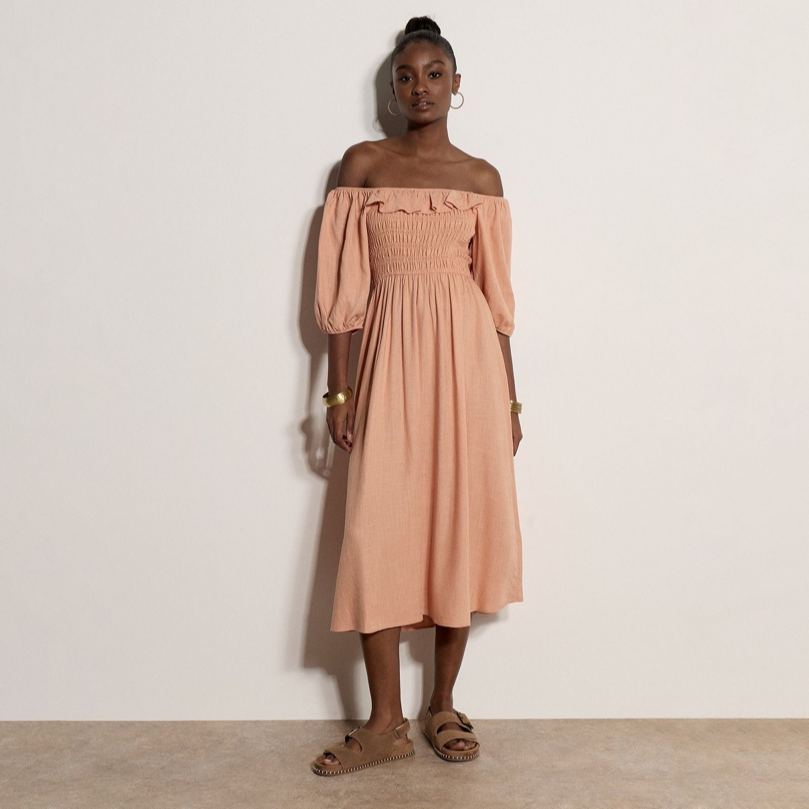 Apricot Shirred Bardot Maxi Dress