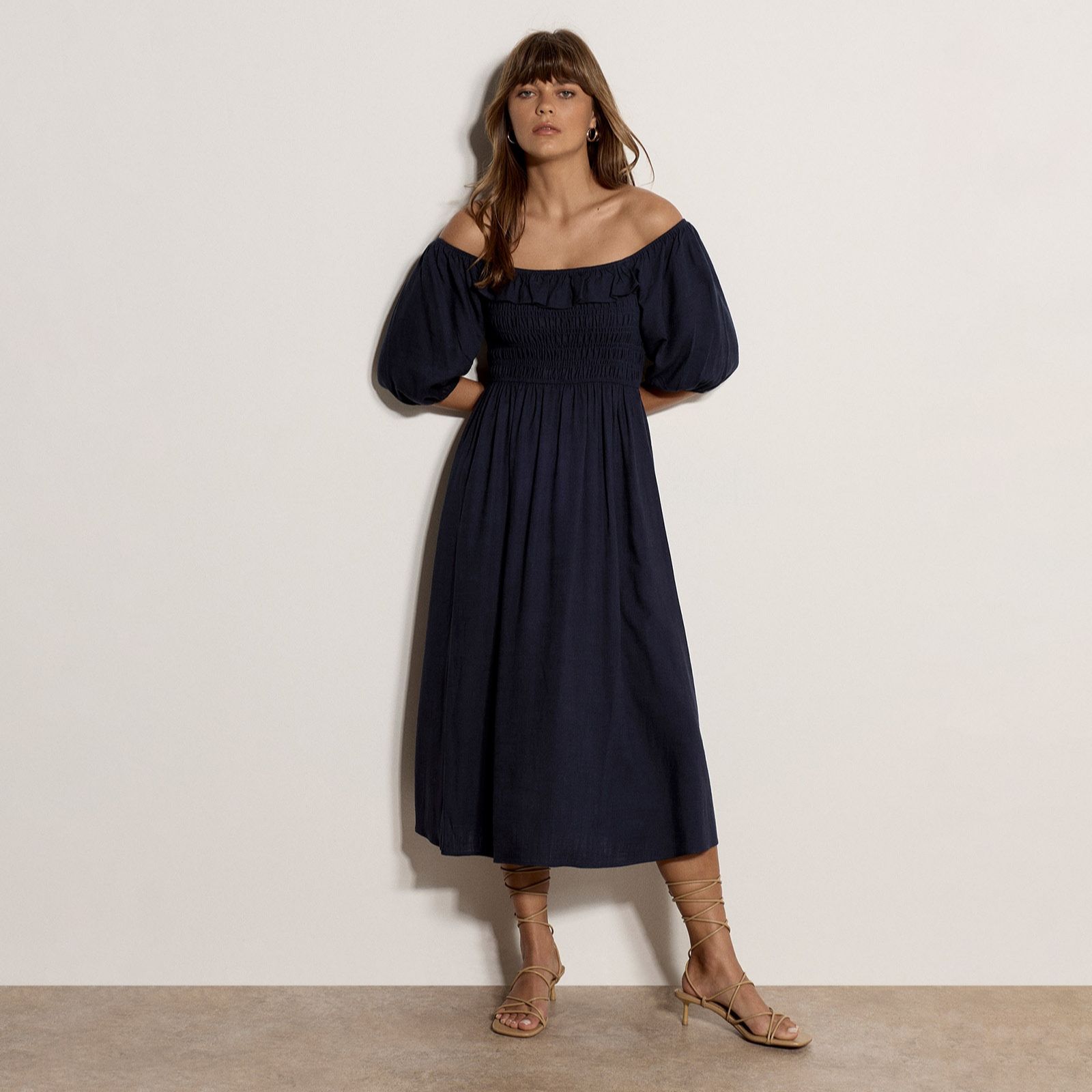 Apricot Shirred Bardot Maxi Dress