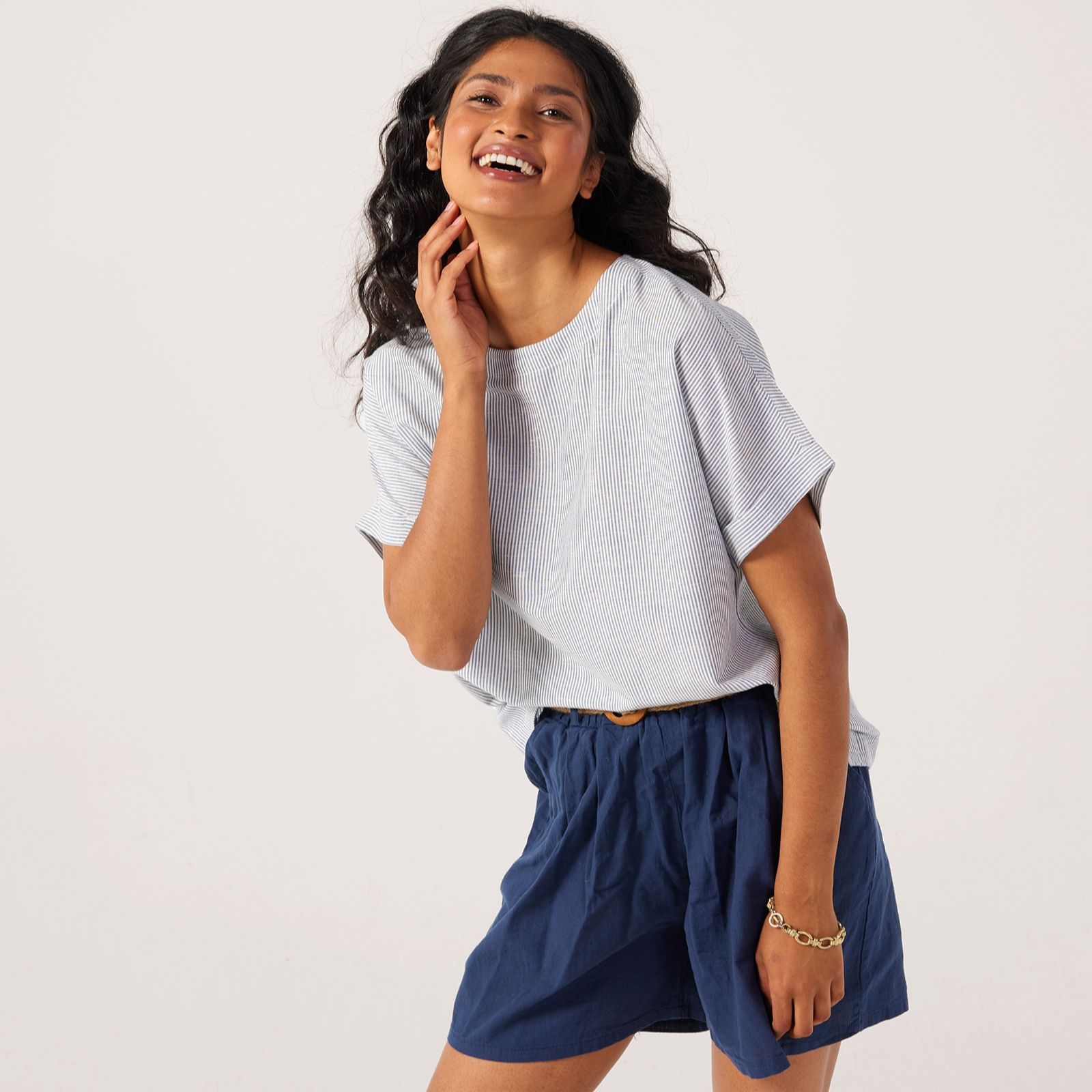 Denim & Co. Stripe Linen Blend Round Neck Blouse