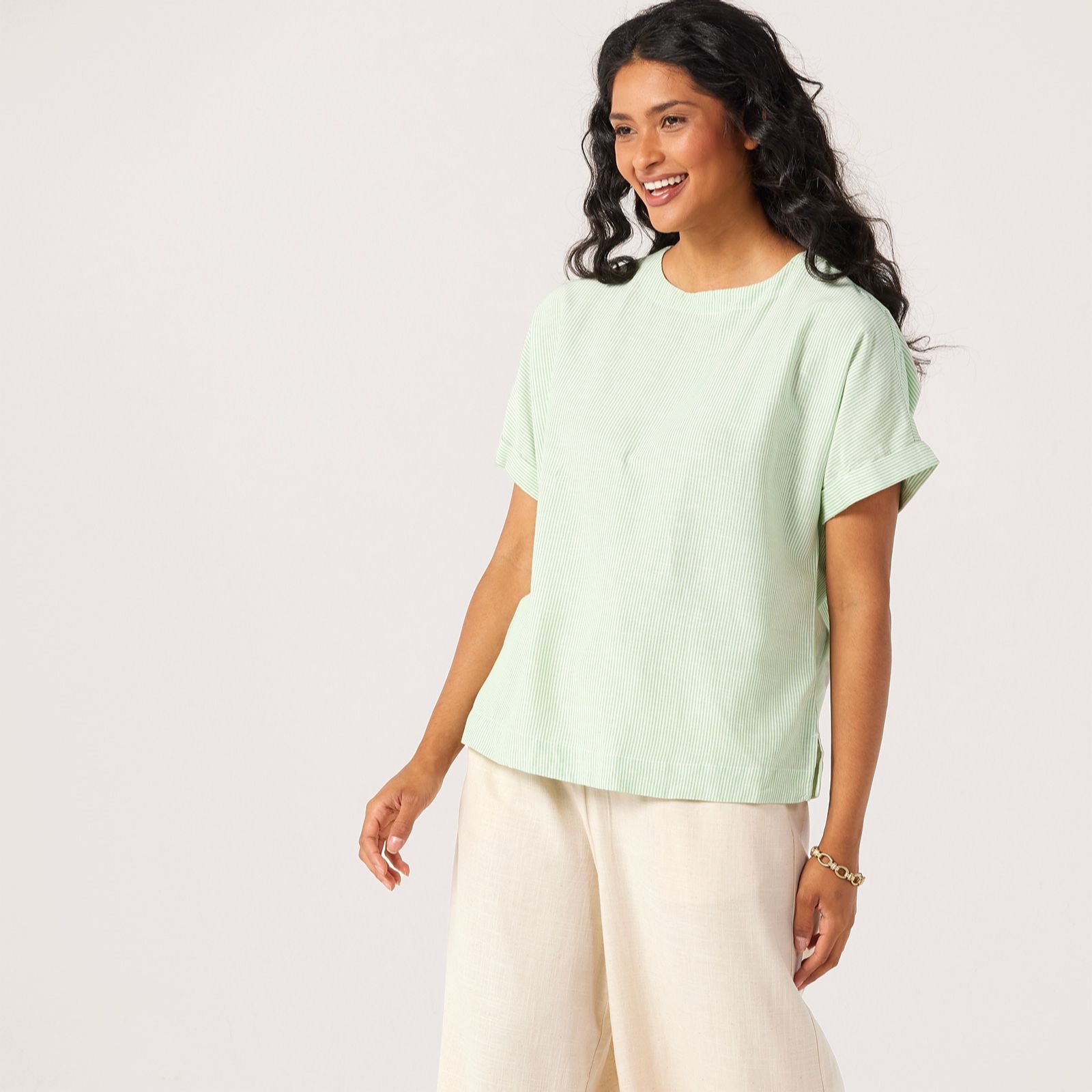 Denim & Co. Stripe Linen Blend Round Neck Blouse