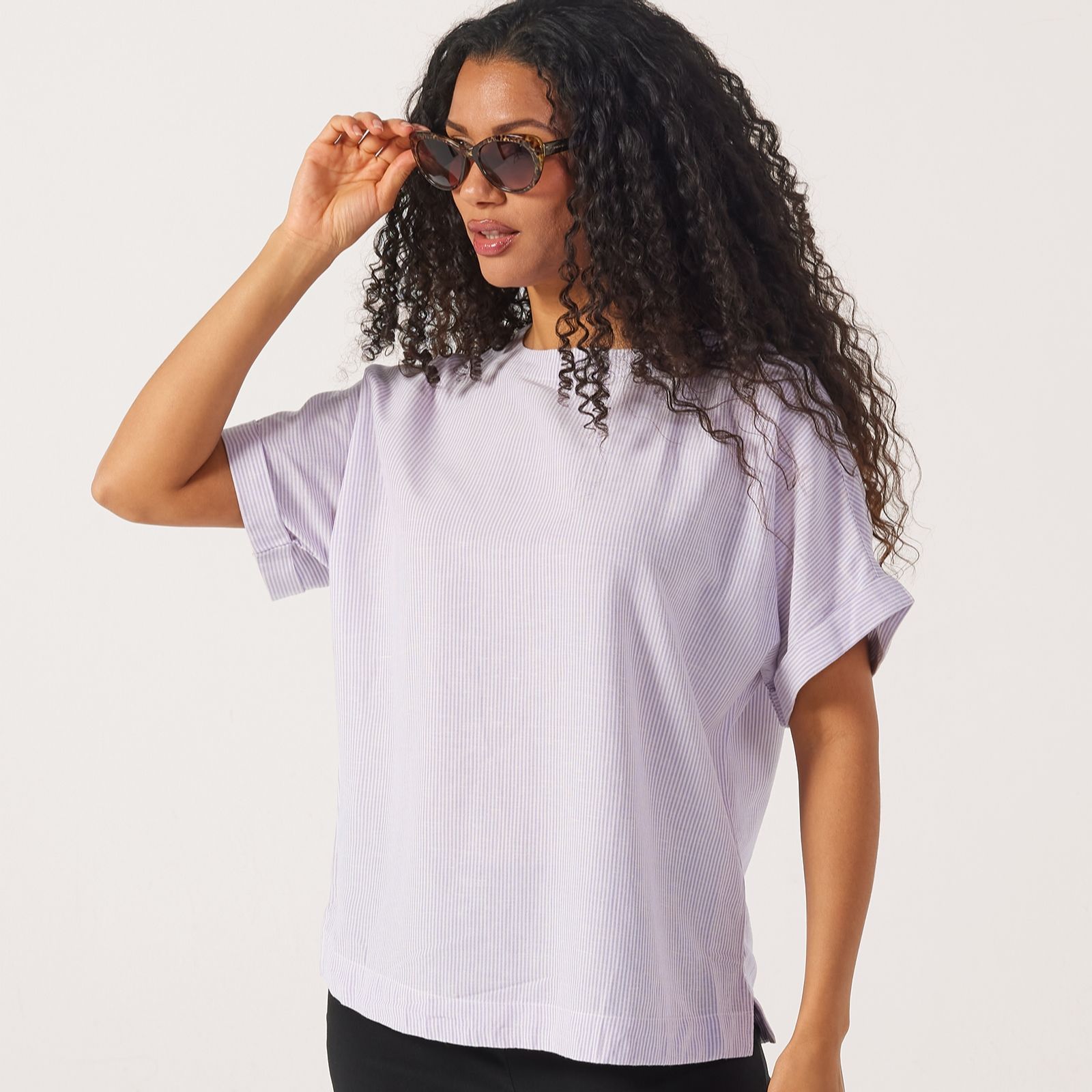 Denim & Co. Stripe Linen Blend Round Neck Blouse
