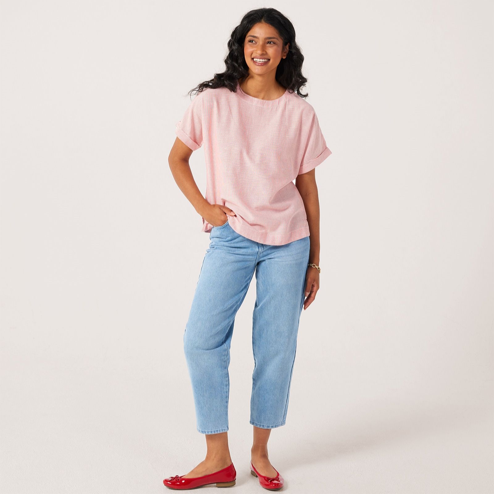 Denim & Co. Stripe Linen Blend Round Neck Blouse