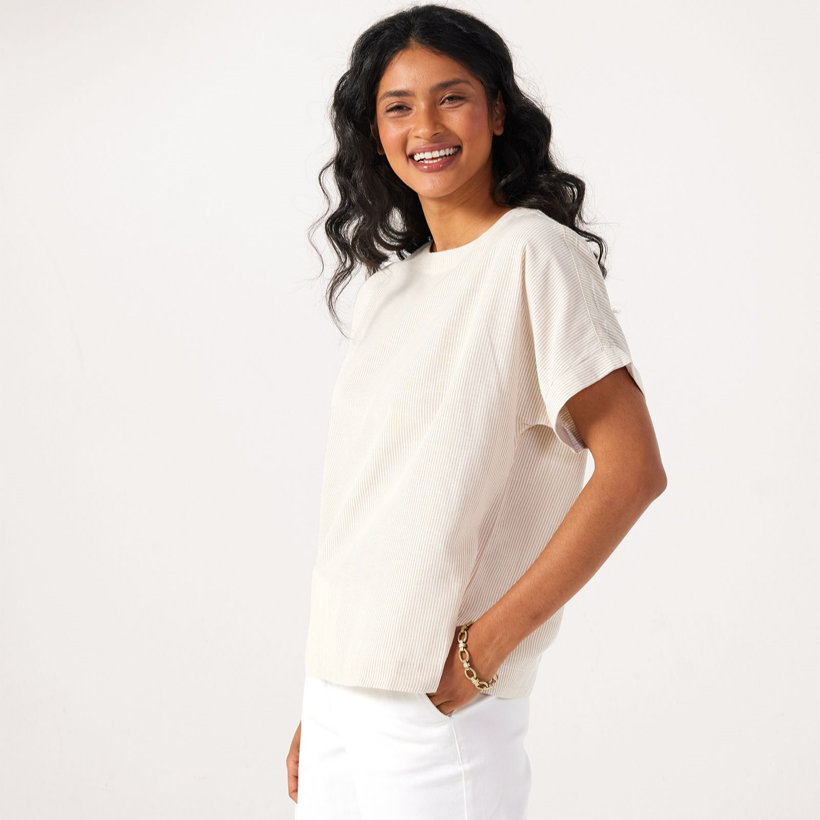 Denim & Co. Stripe Linen Blend Round Neck Blouse