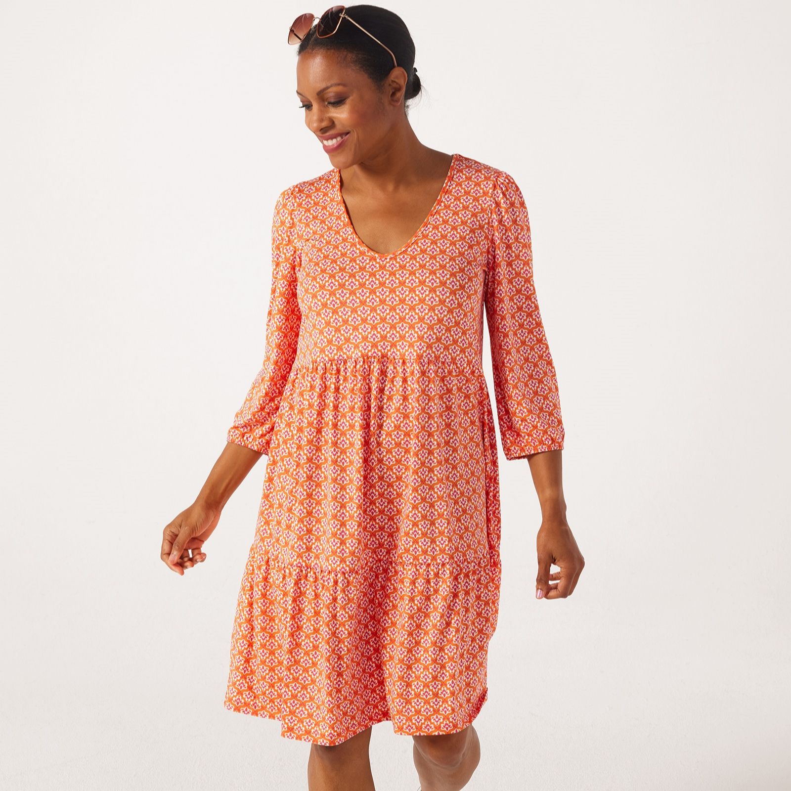 Kim & Co Printed Brazil Jersey Short Sleeve Tiered Dress