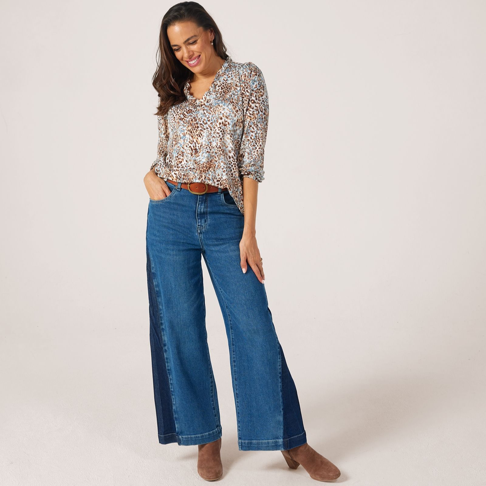 Kim & Co Foil Brazil Jersey Long Blouson Sleeve Frilled Neckline Top