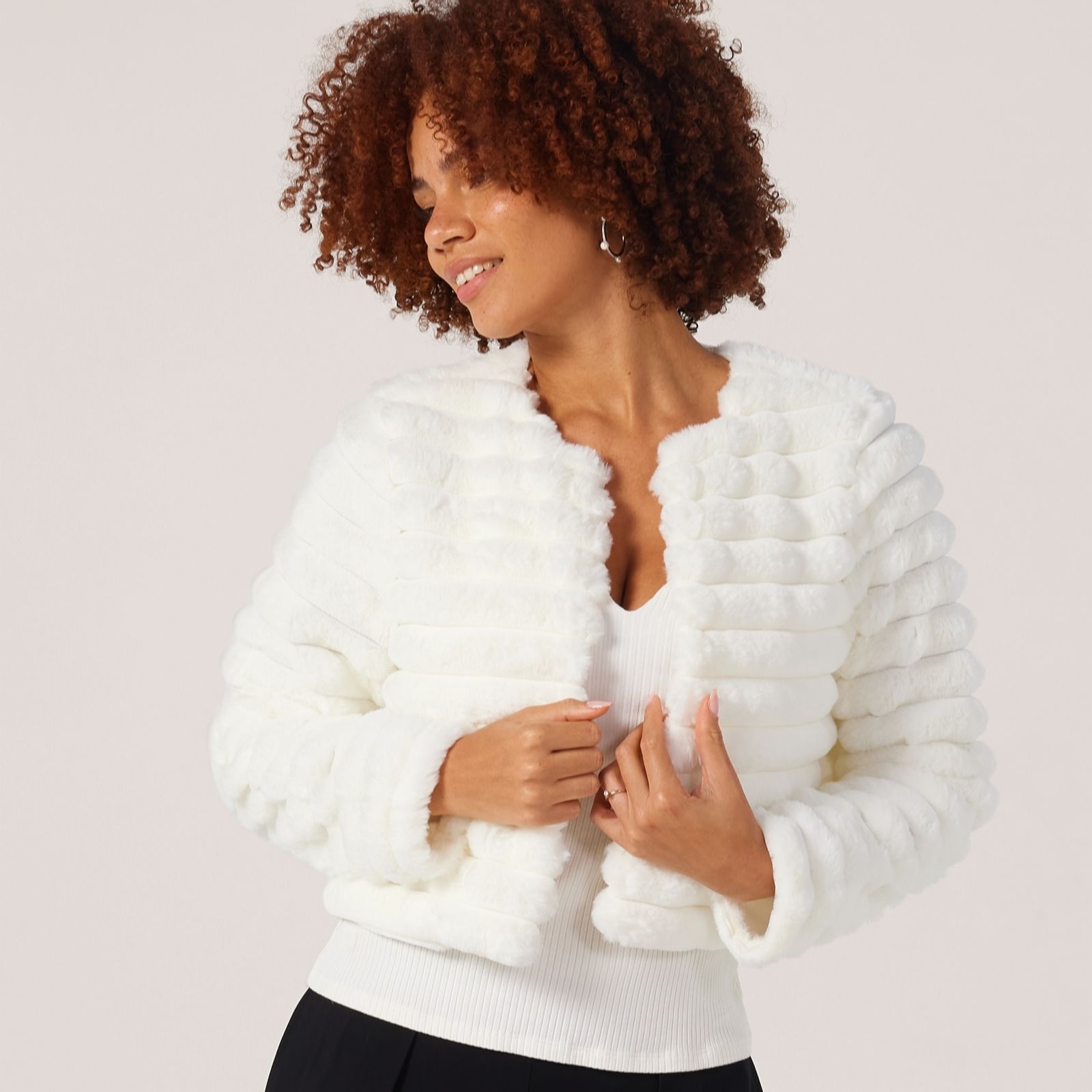 Nina Leonard Ribbed Faux Fur Bolero