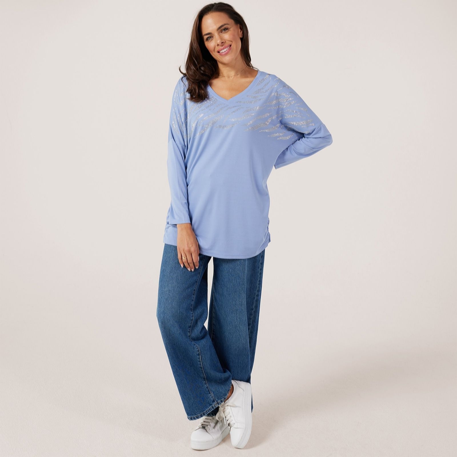 Frank Usher Long Sleeve V-Neck Ruched Side Top w/Bling Design