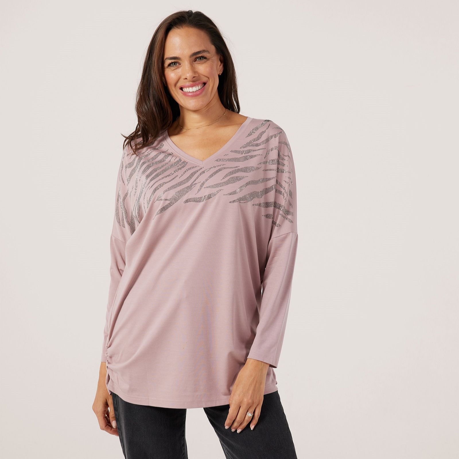 Frank Usher Long Sleeve V-Neck Ruched Side Top w/Bling Design