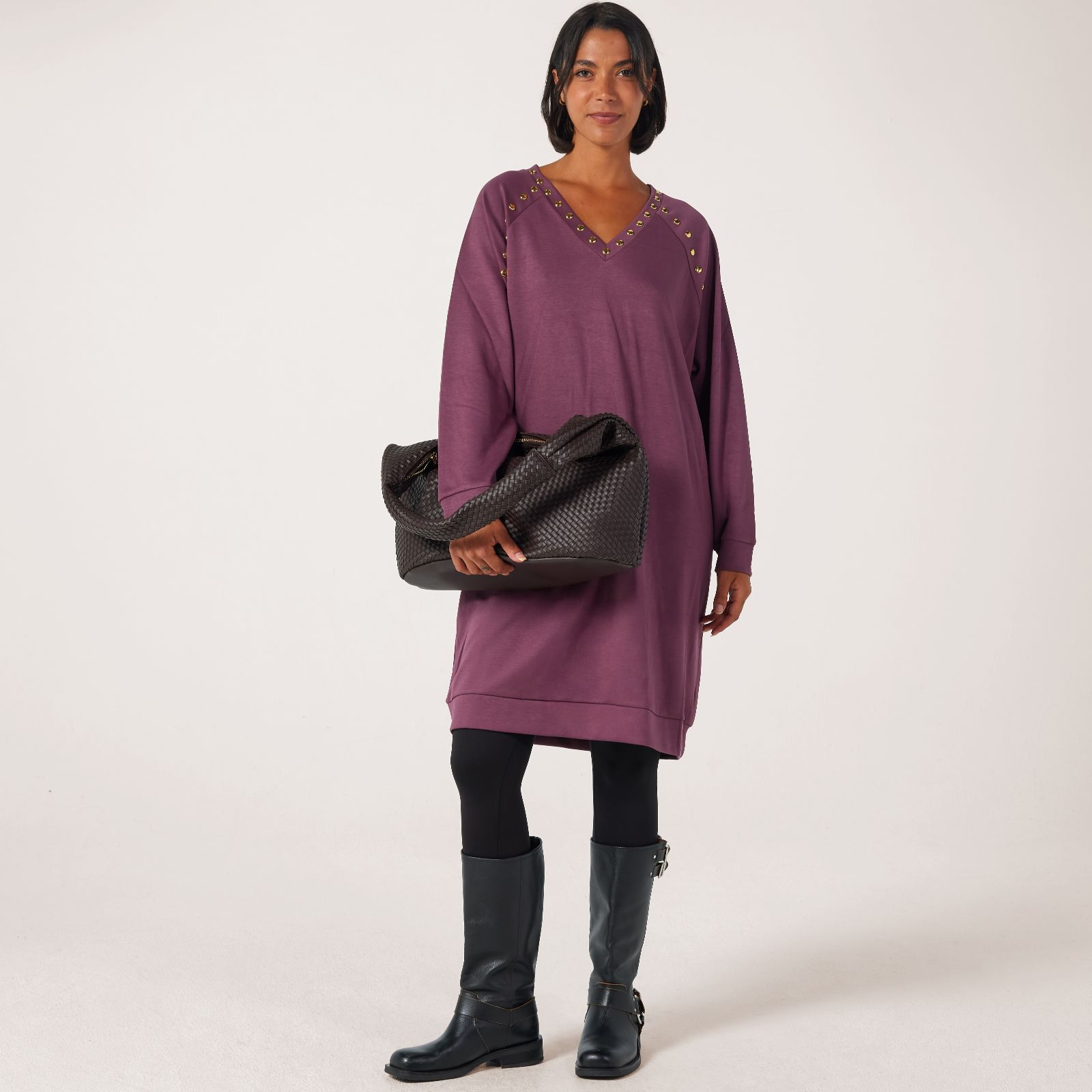 Frank Usher V-Neck Super-Soft Jersey Jumper Dress With Studs