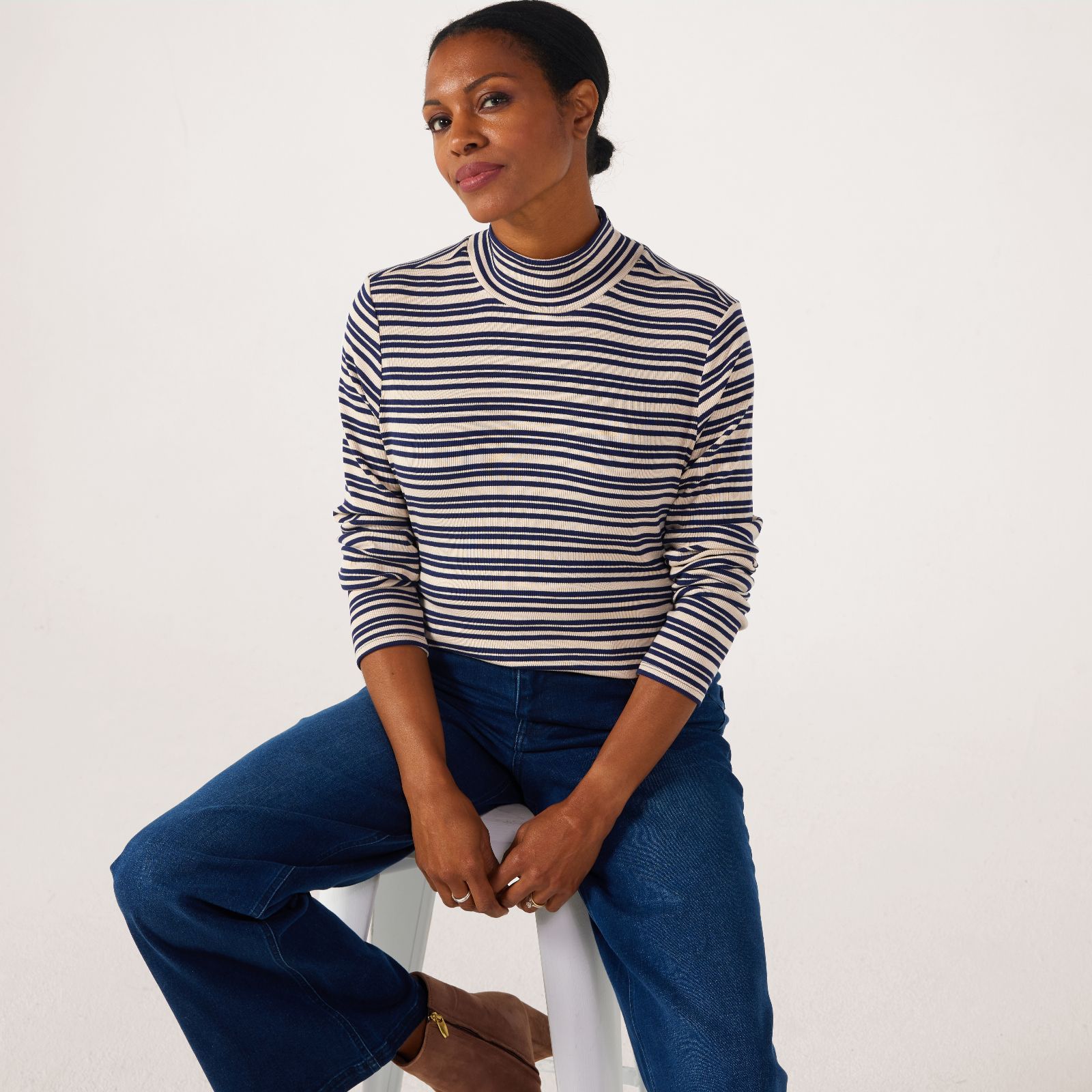 Ben de Lisi Striped Rib Roll Neck Top
