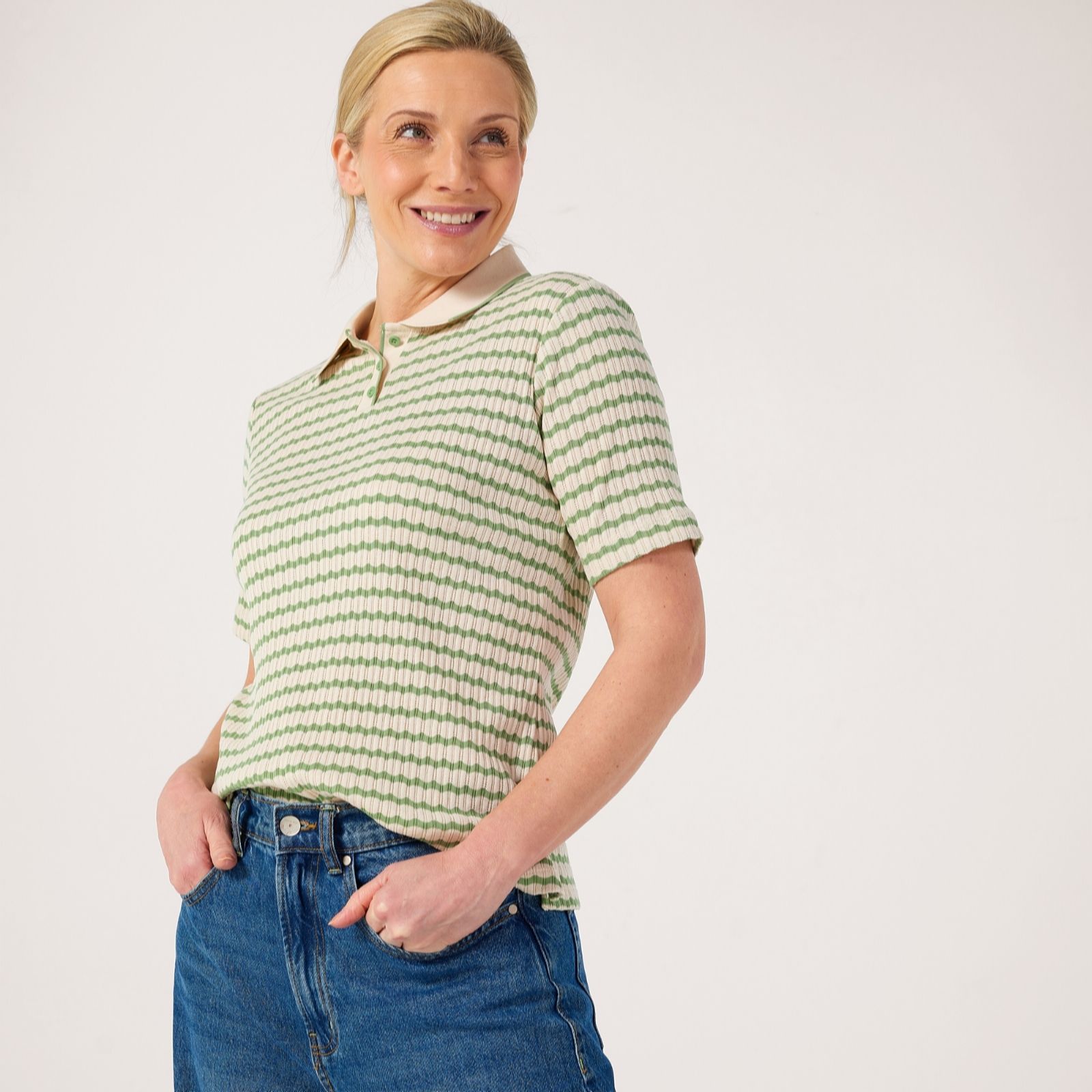Denim & Co. Polo Neck Stripe Top