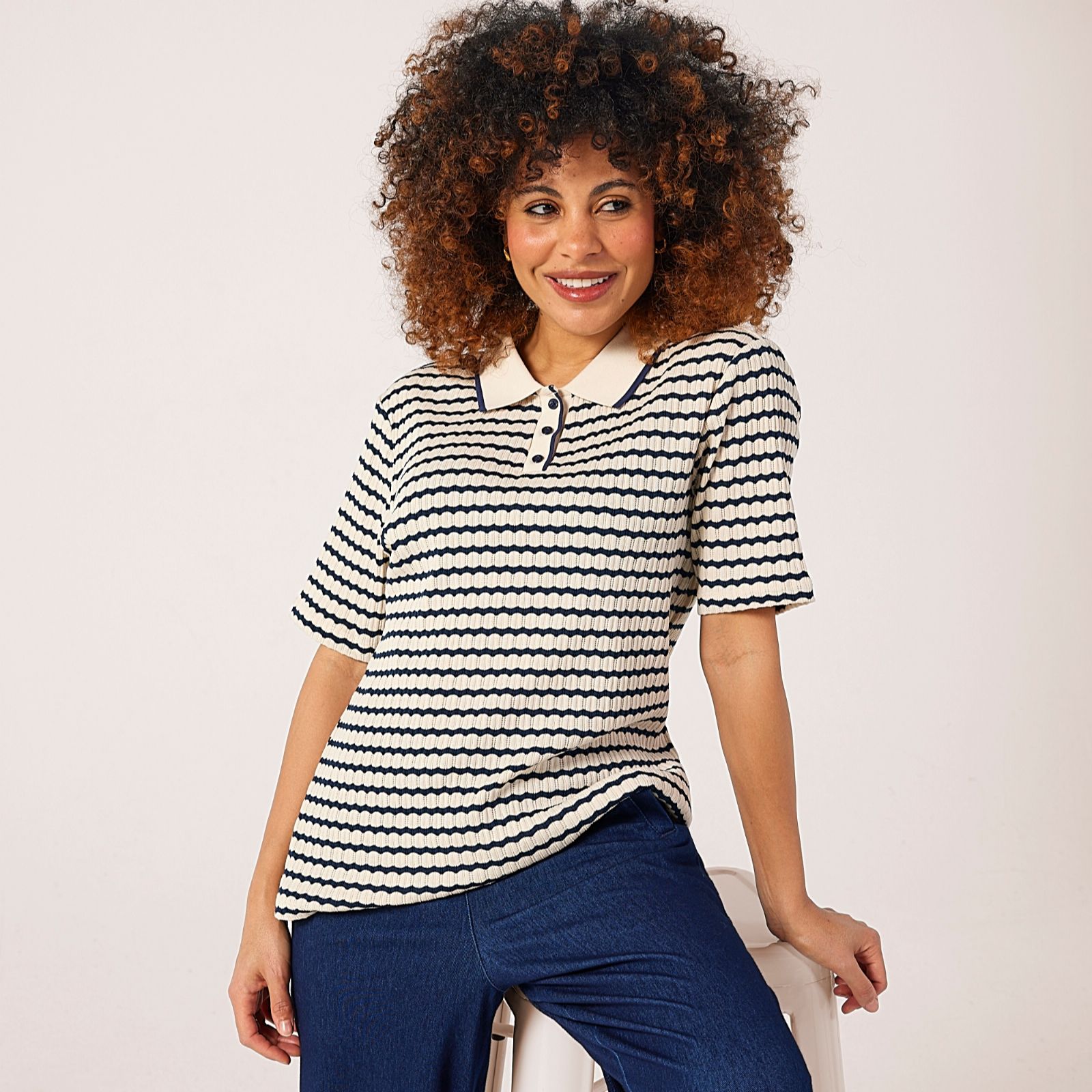 Denim & Co. Polo Neck Stripe Top