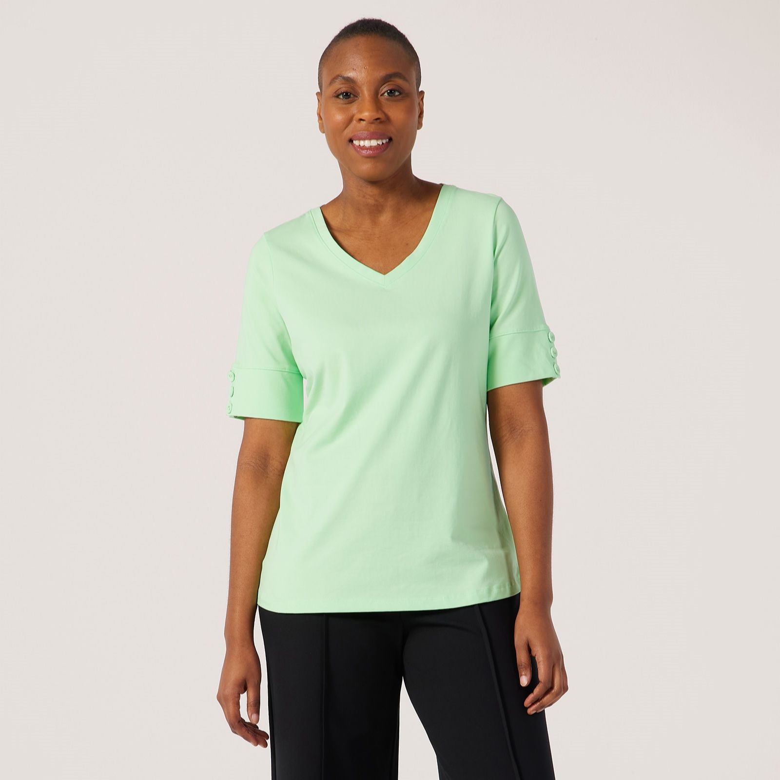 Denim & Co. Jersey V-Neck Button Sleeve Detail Top