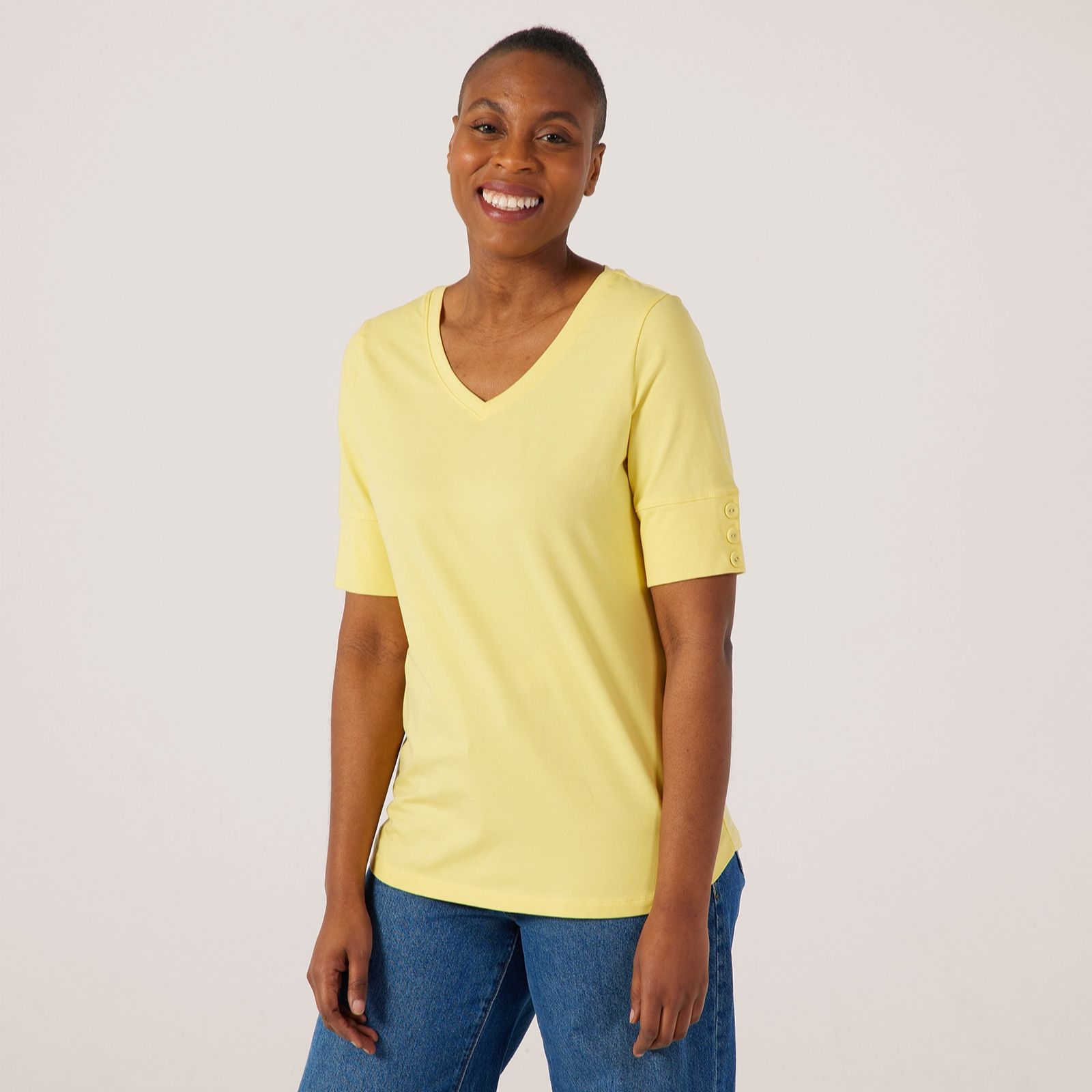 Denim & Co. Jersey V-Neck Button Sleeve Detail Top