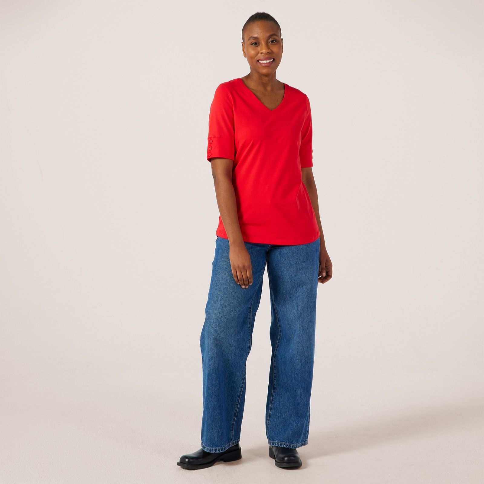 Denim & Co. Jersey V-Neck Button Sleeve Detail Top