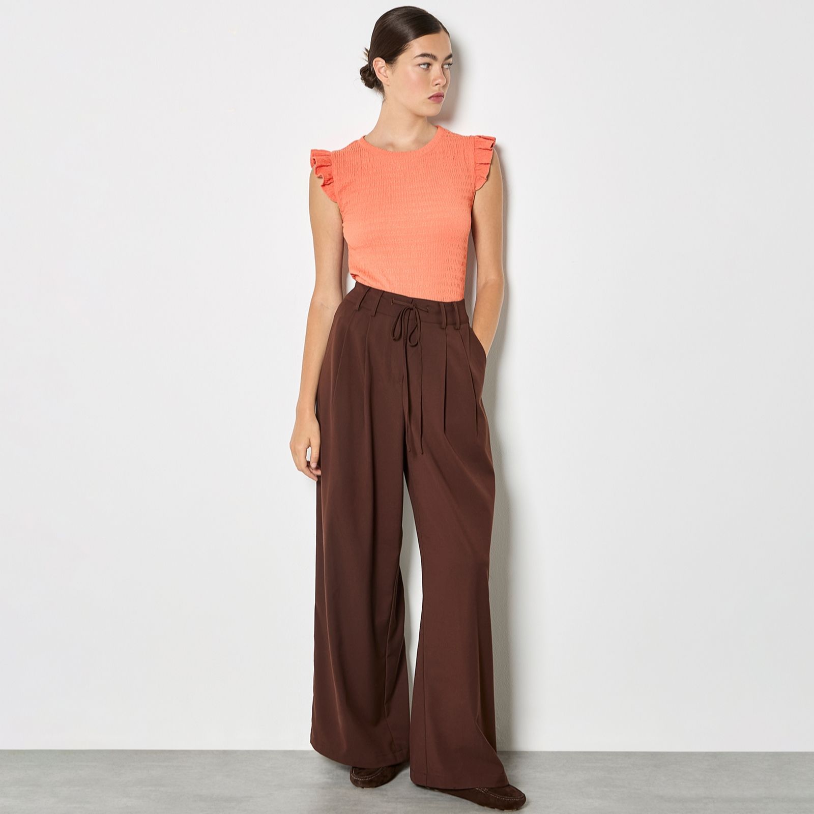 Apricot Textured Jersey Ruffle Sleeve Top