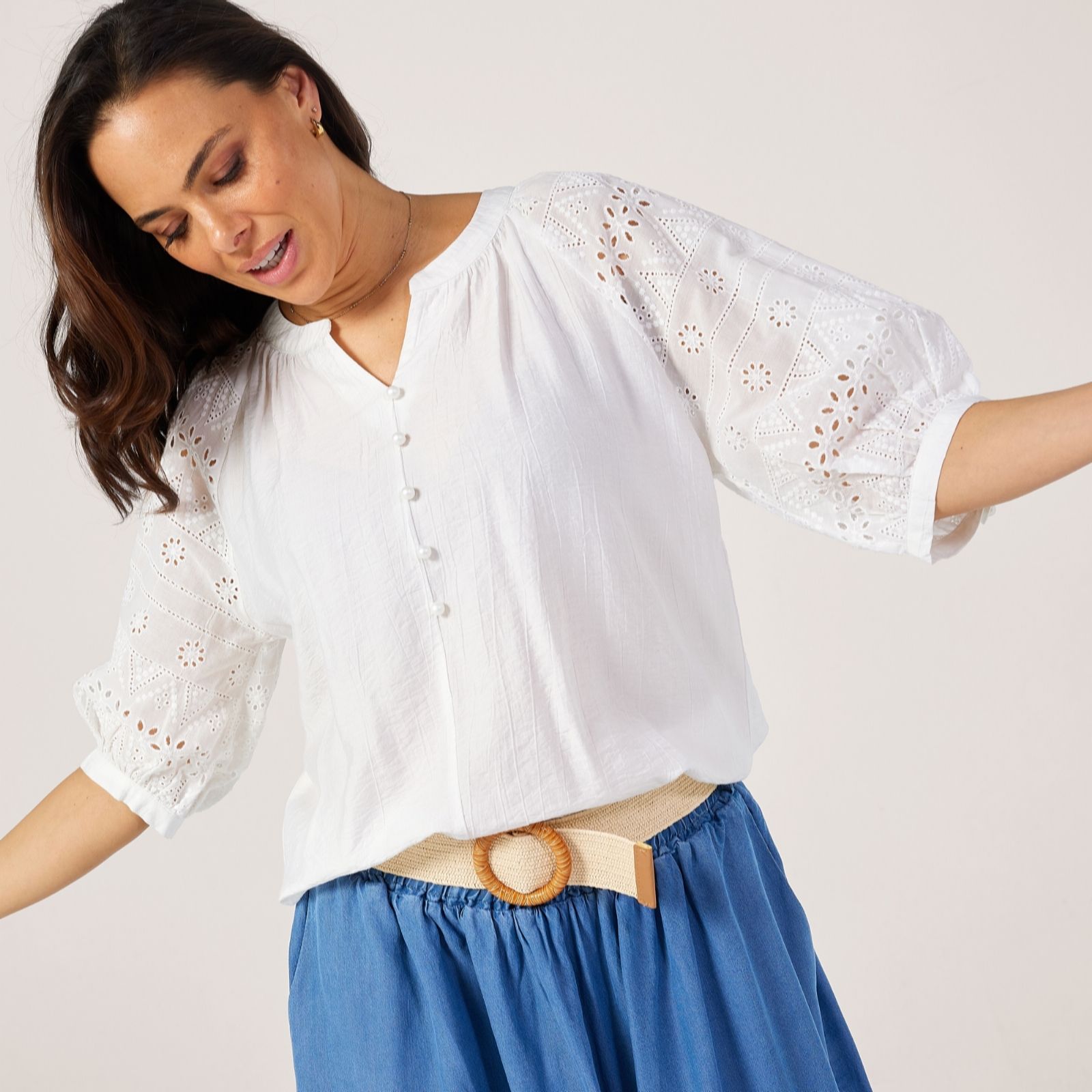 Izabel London Broderie Anglaise Puff Sleeve Blouse