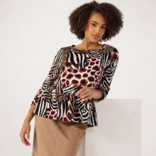 Kim & Co Printed Brazil Jersey 3/4 Blouson Sleeve Tiered Top