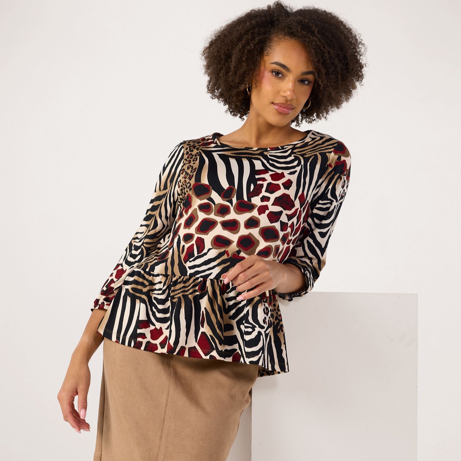 Kim & Co Printed Brazil Jersey 3/4 Blouson Sleeve Tiered Top