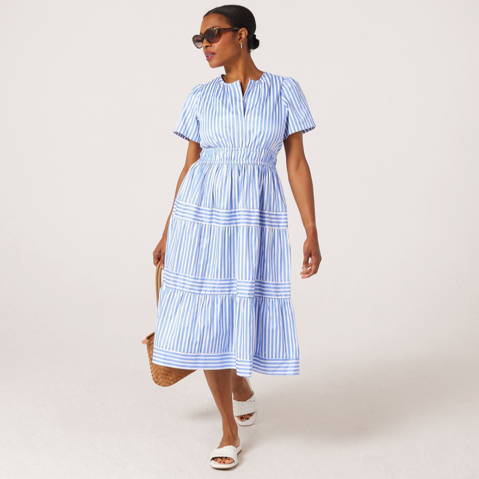 Helene Berman Tiered Lurex Striped Midi Dress