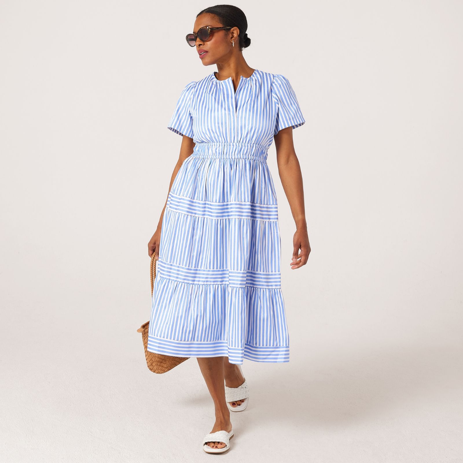 Helene Berman Tiered Lurex Striped Midi Dress