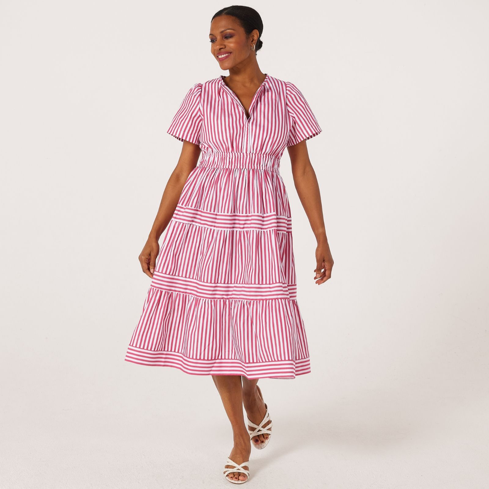 Helene Berman Tiered Lurex Striped Midi Dress