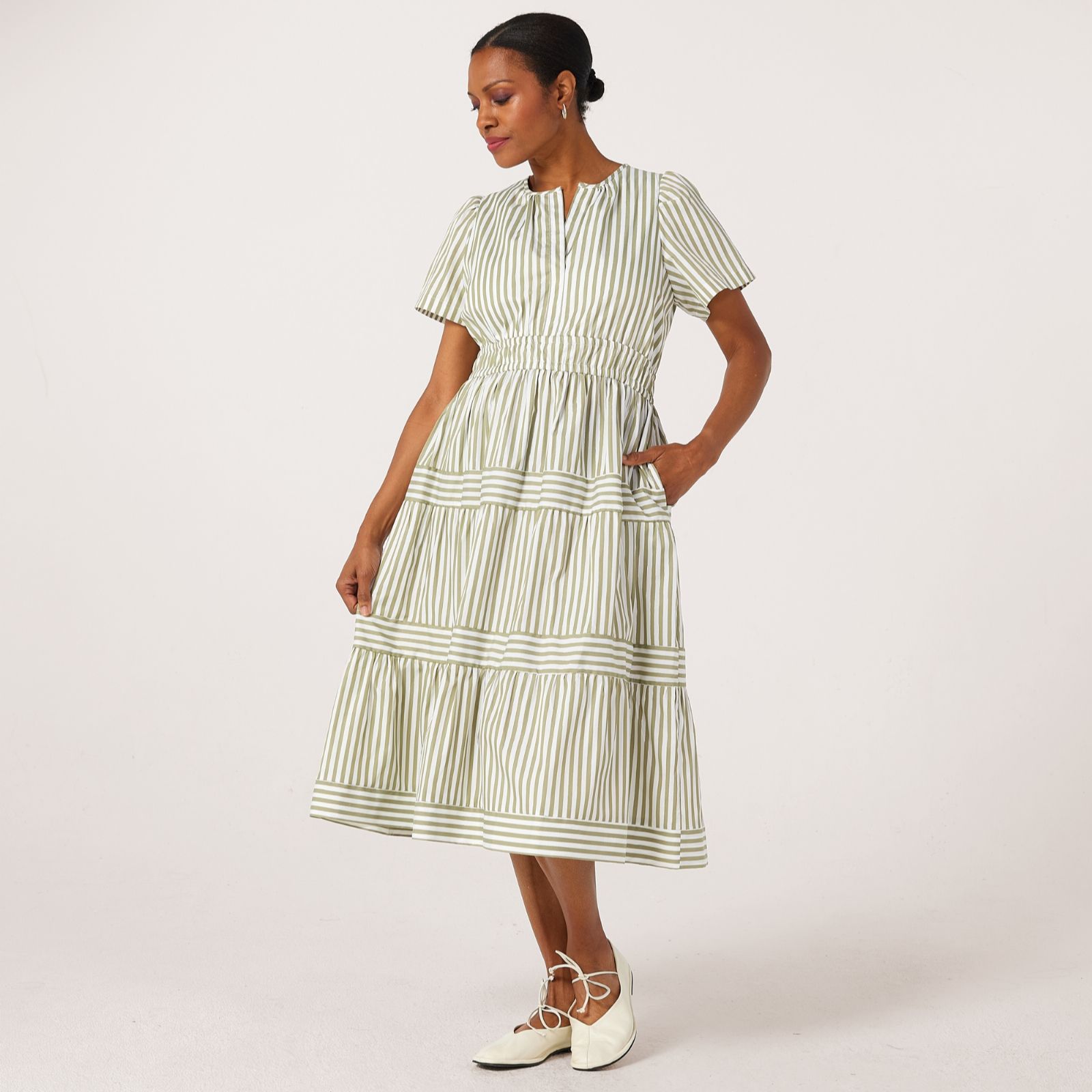 Helene Berman Tiered Lurex Striped Midi Dress