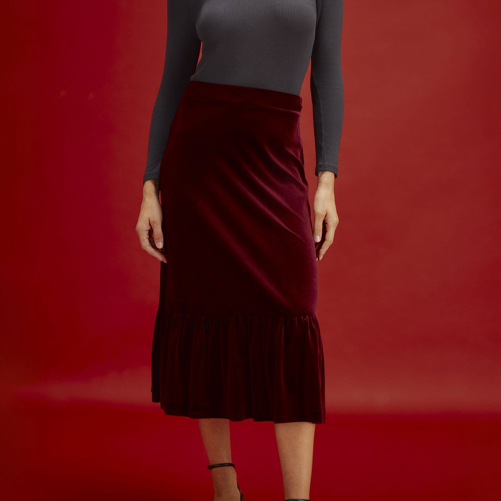 Finery London Joline Velvet Frill Skirt with Stretch Waistband