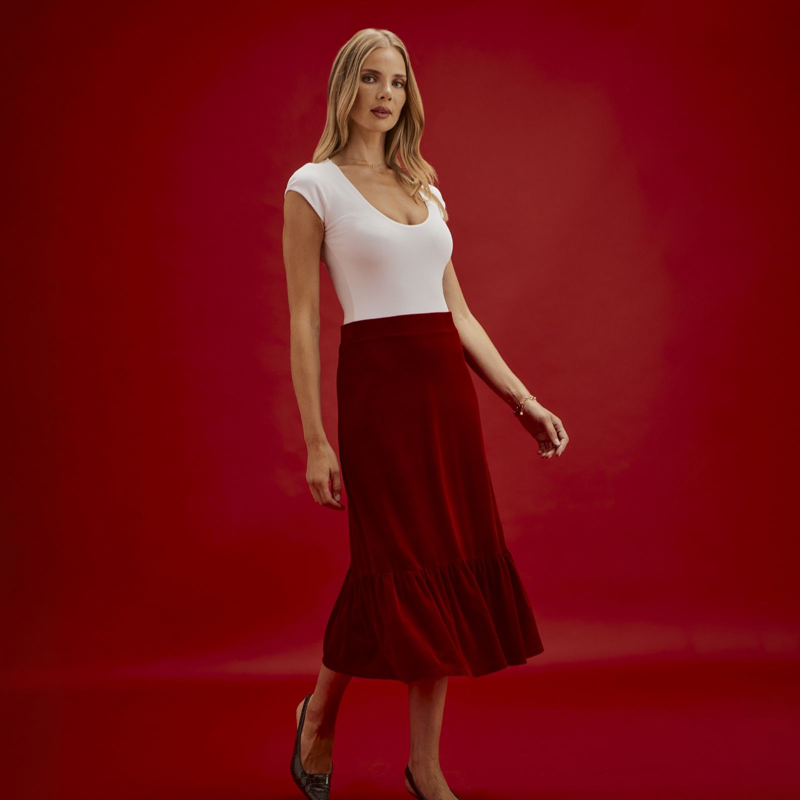 Finery London Joline Velvet Frill Skirt with Stretch Waistband