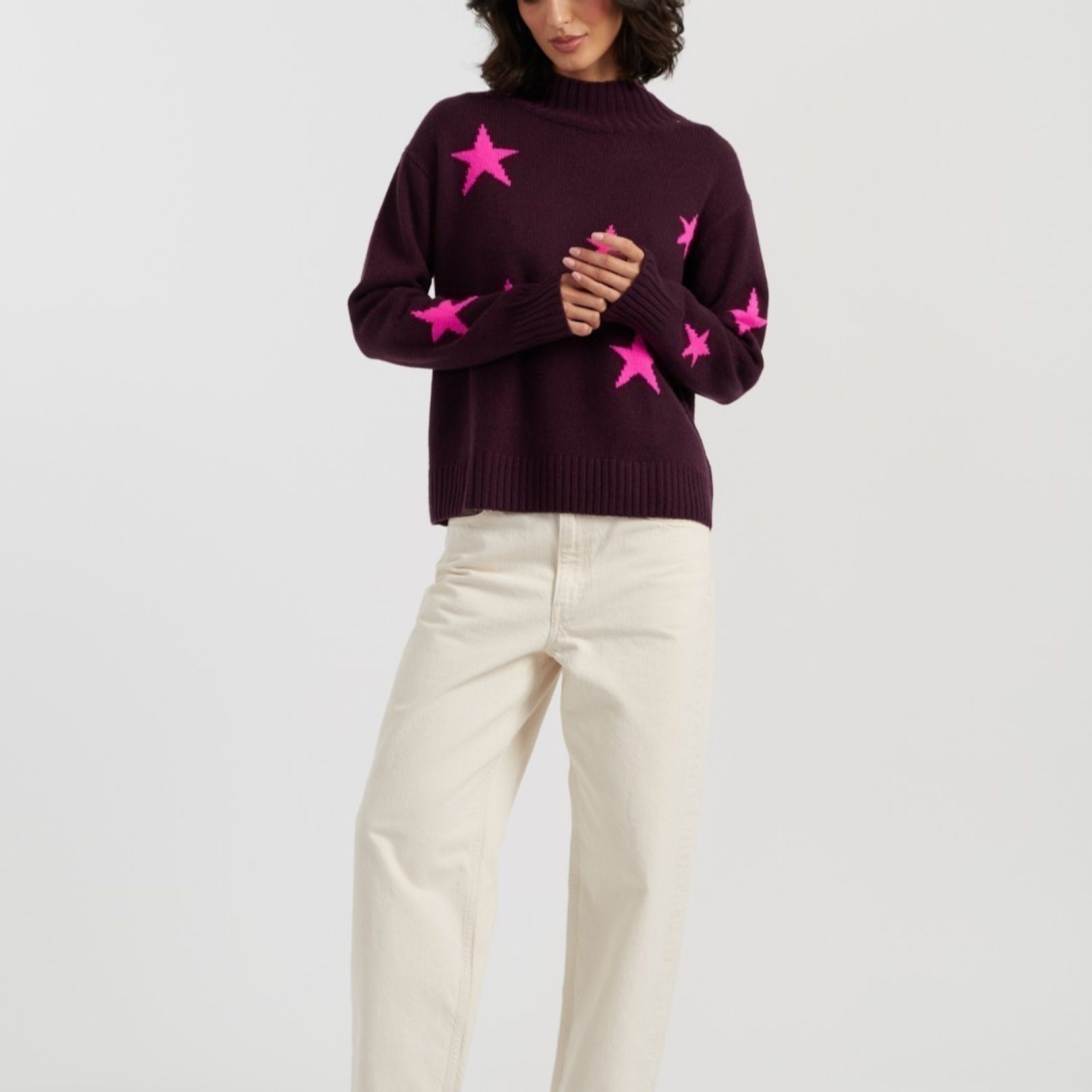 Chinti & Parker Merino Wool Blend Embroided Star Relaxed Roll Neck Jumper