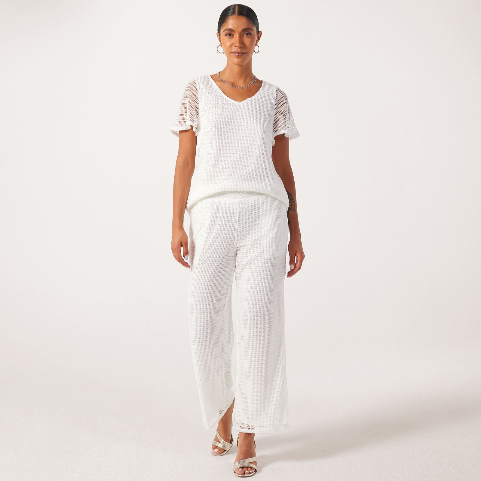 Nina Leonard Wide Leg Trouser In Novelty Knit With Lining