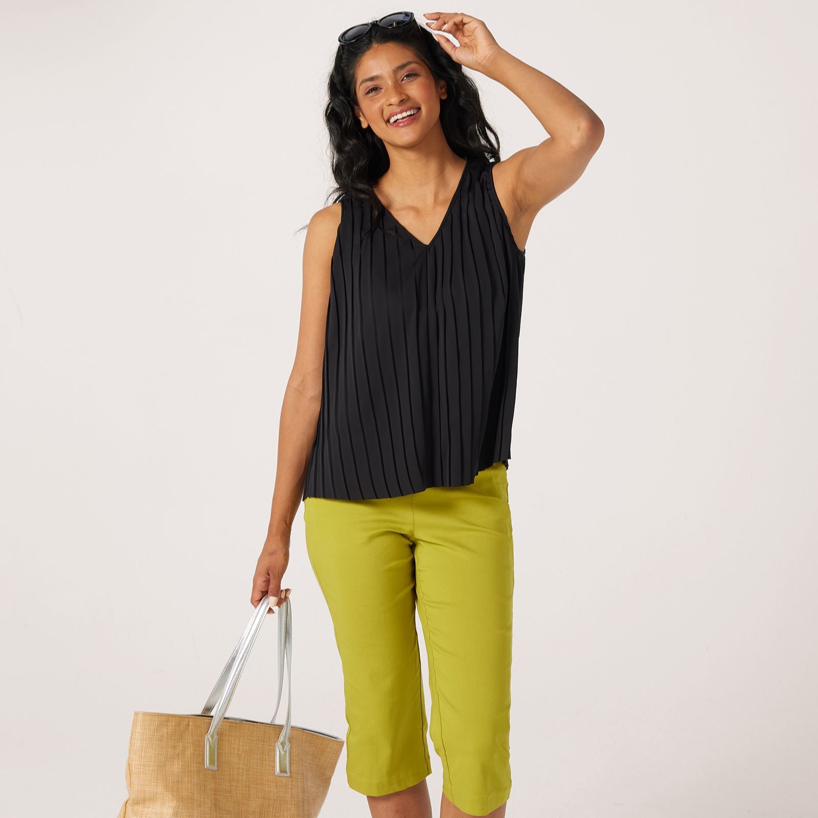 MarlaWynne Collection Pleated Crepe Vneck Sleevelss Top