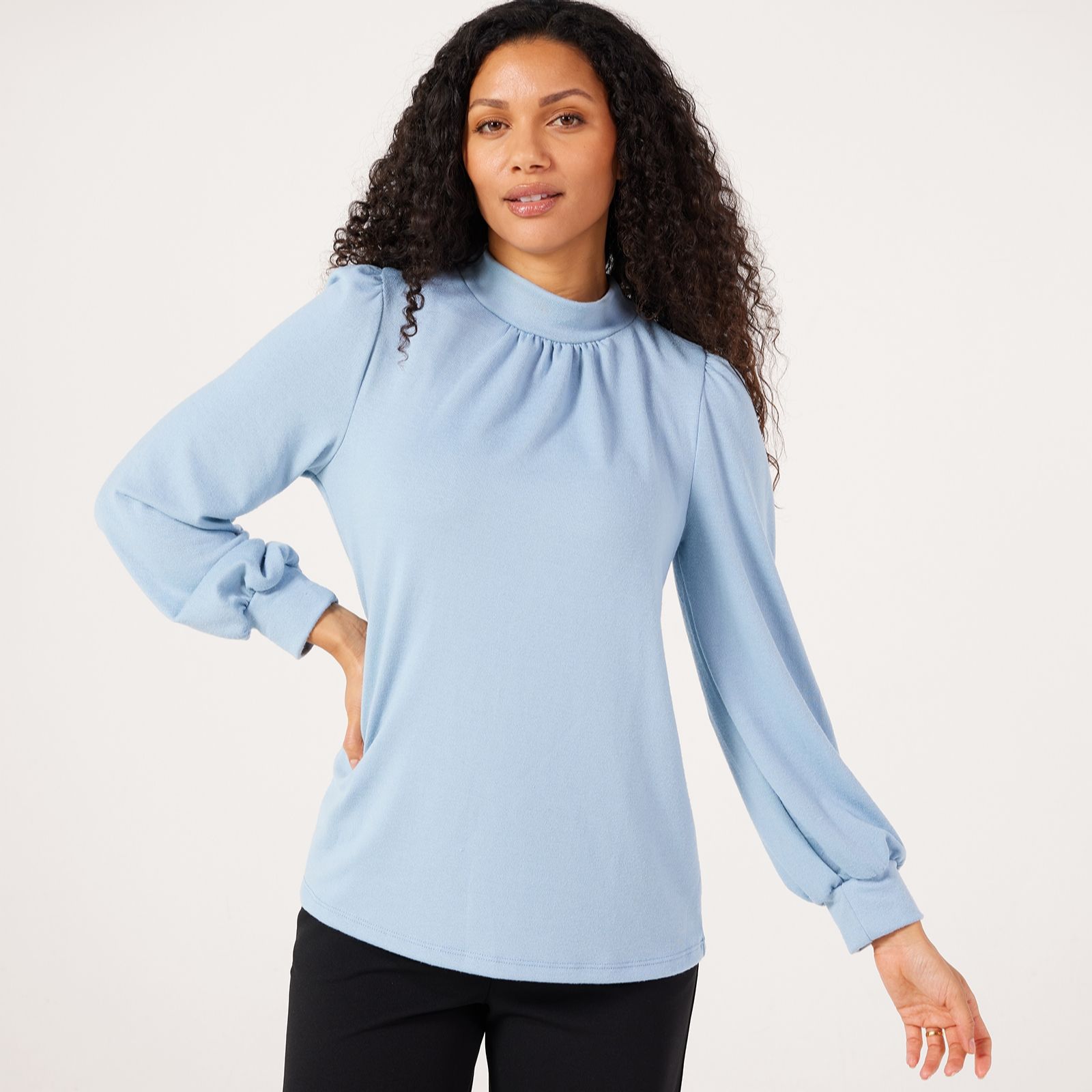 Kim & Co Soft Touch Long Blouson Sleeve Top With Shirring