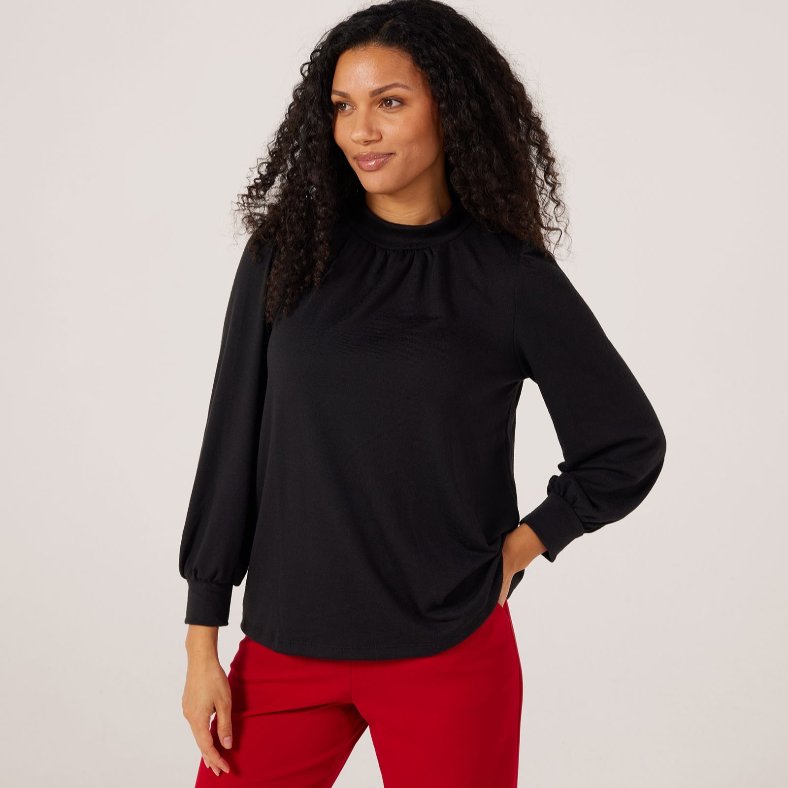 Kim & Co Soft Touch Long Blouson Sleeve Top With Shirring