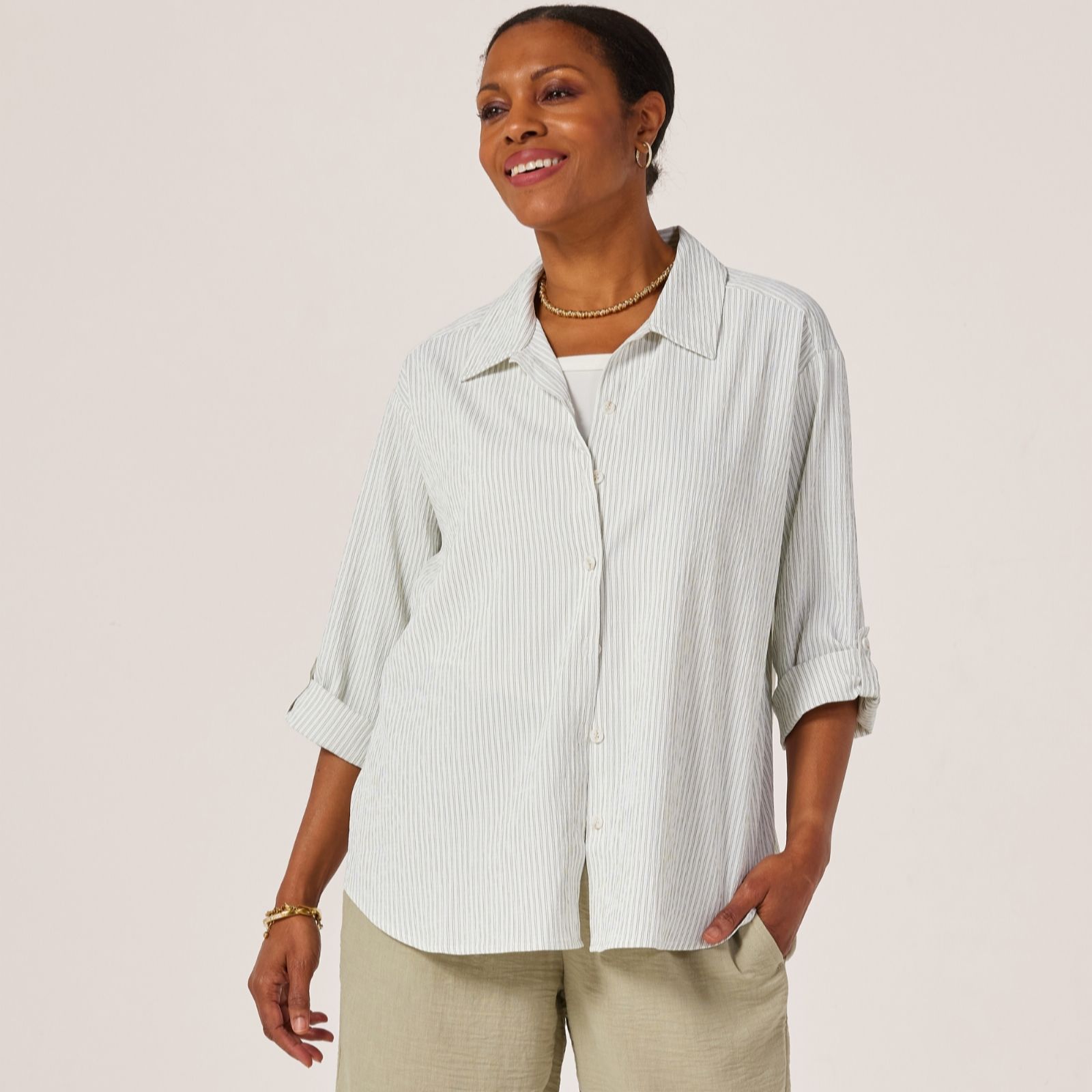 Kim & Co Seersucker 3/4 Roll Up Sleeve Shirt