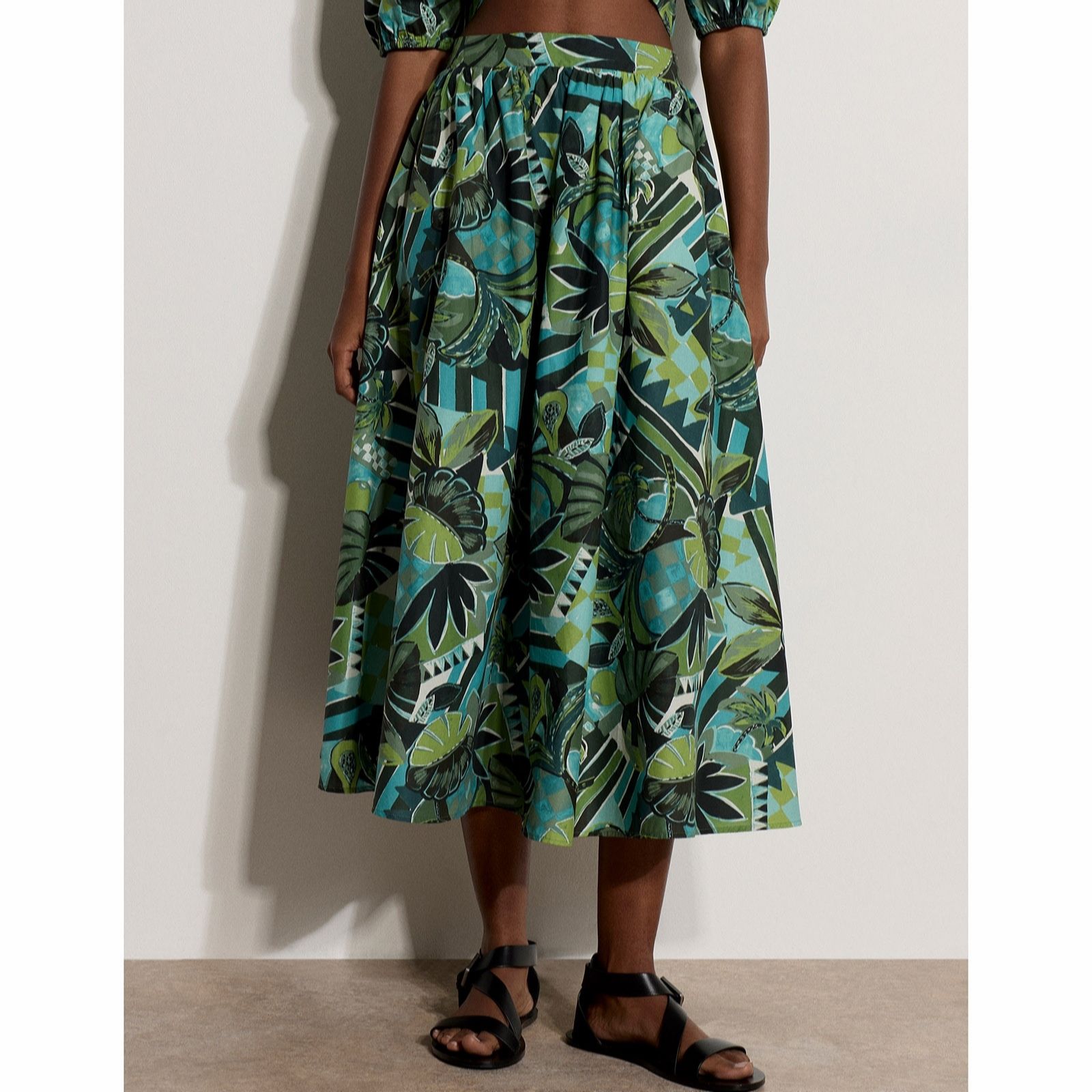Apricot Tropical Leaf Patchwork Cotton Midi Skirt