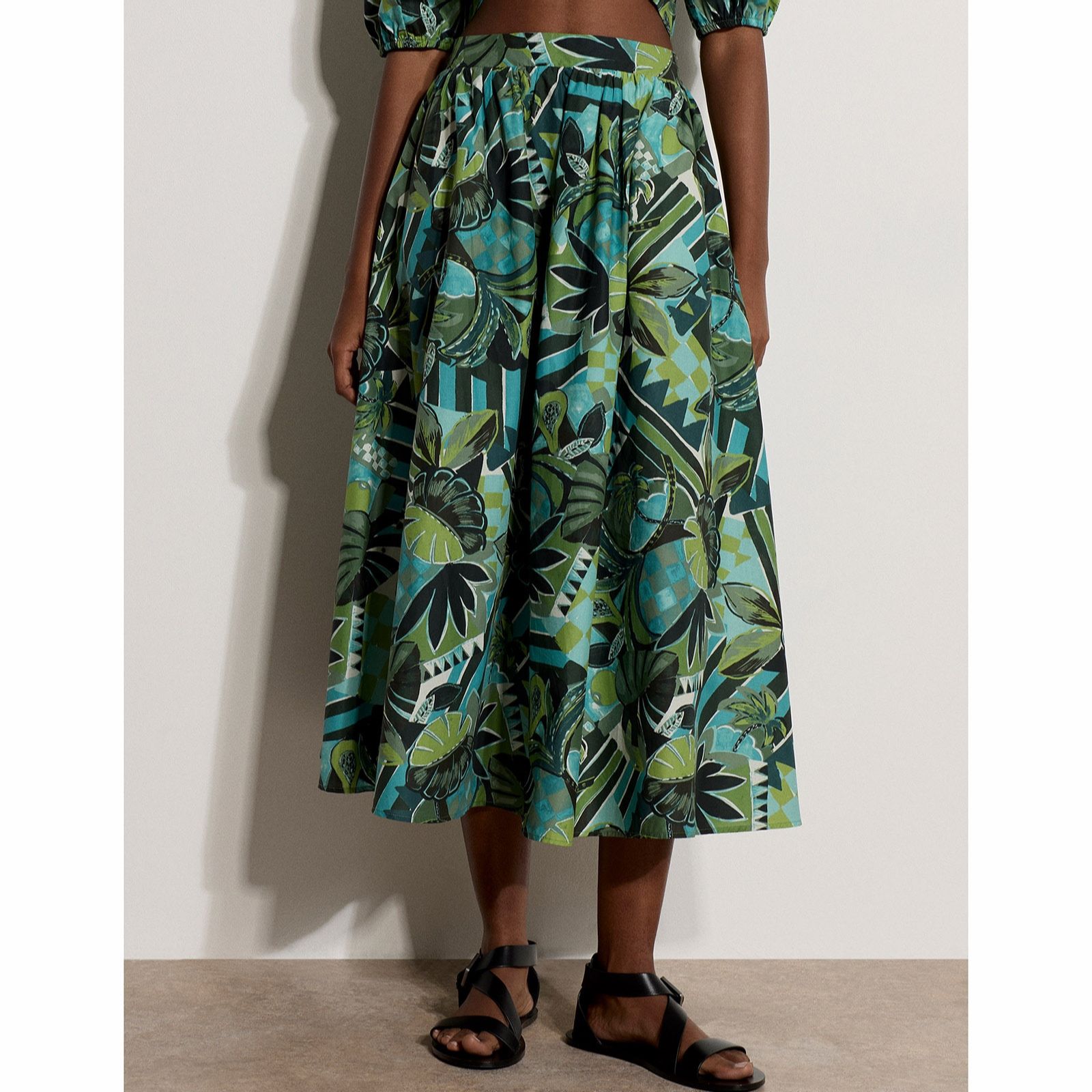 Apricot Tropical Leaf Patchwork Cotton Midi Skirt