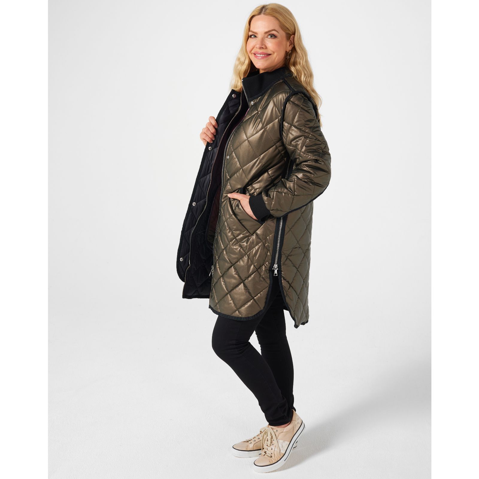 Nuage Faux Leather Diamond Quilted Jacket Knit Collar Zipper Side Vents ...