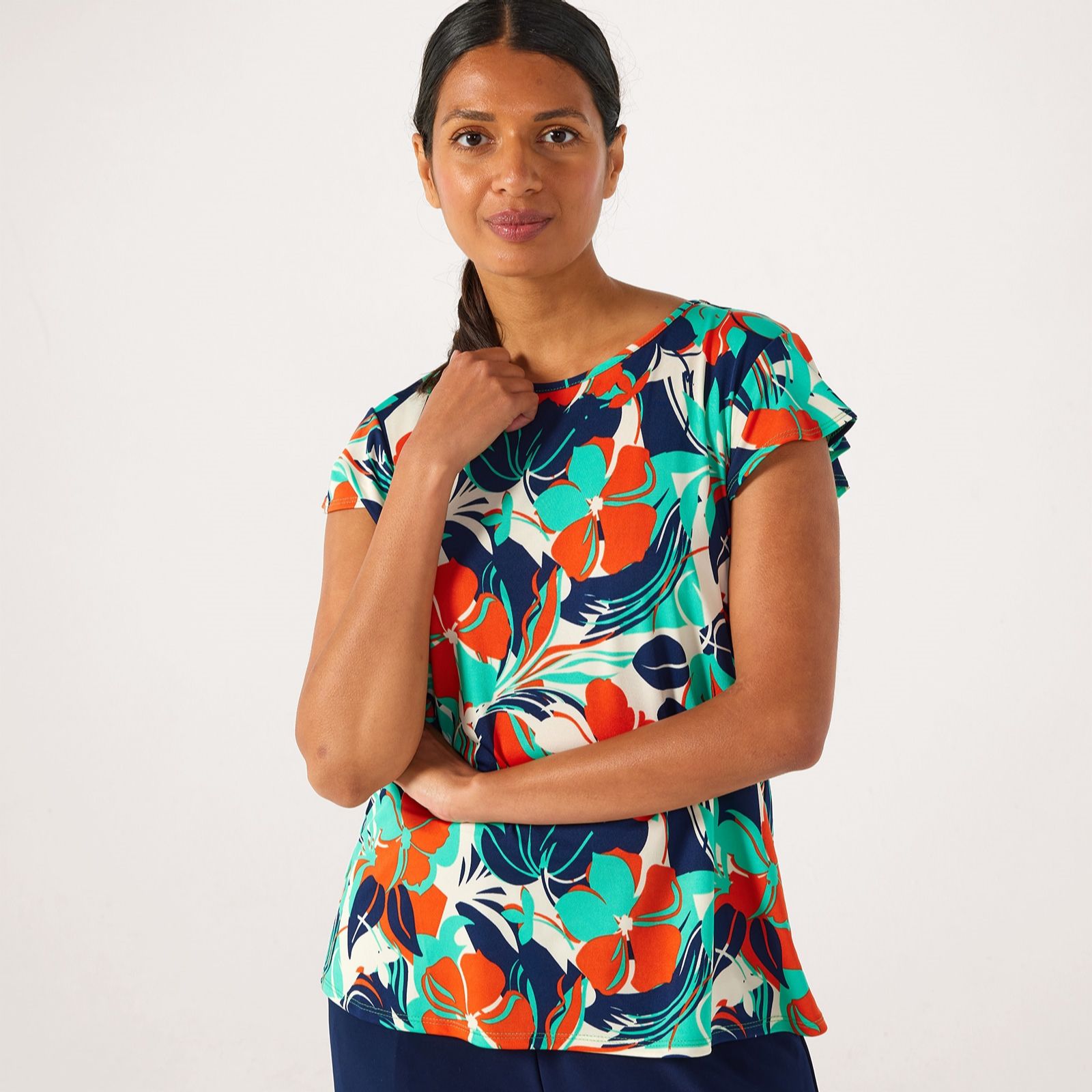 Kim & Co Printed Brazil Jersey Short Flutter Sleeve Top
