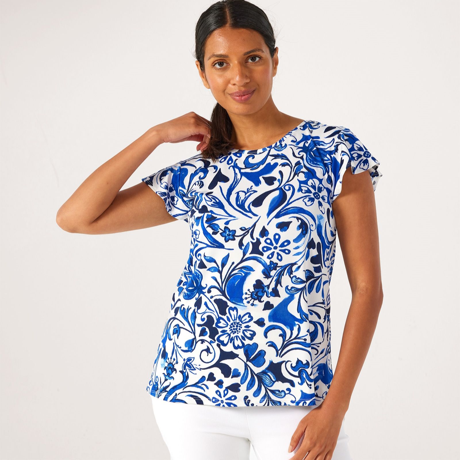 Kim & Co Printed Brazil Jersey Short Flutter Sleeve Top