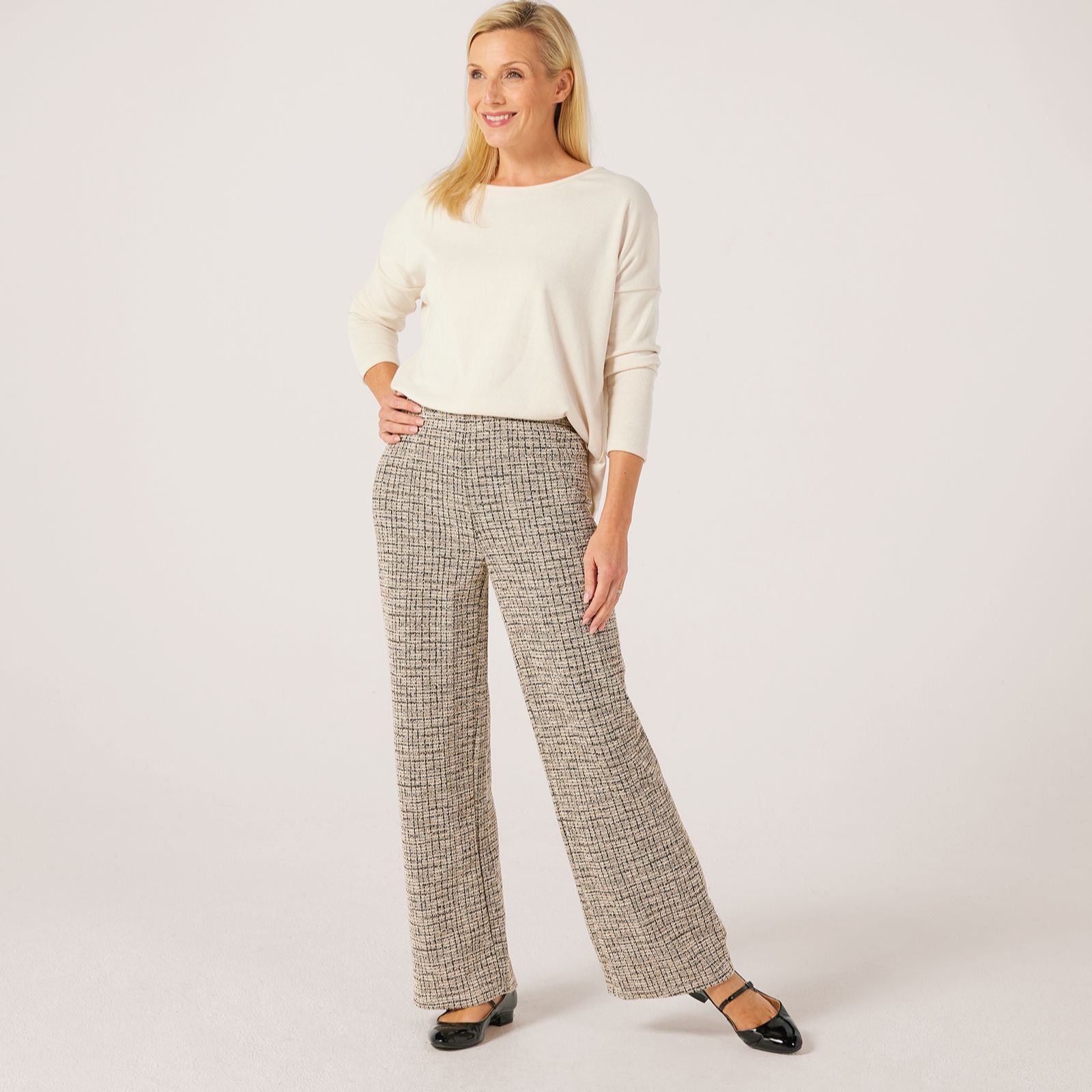 Kim & Co Mini Plaid Boucle Knit Yelena Wide-Leg Trousers Petite