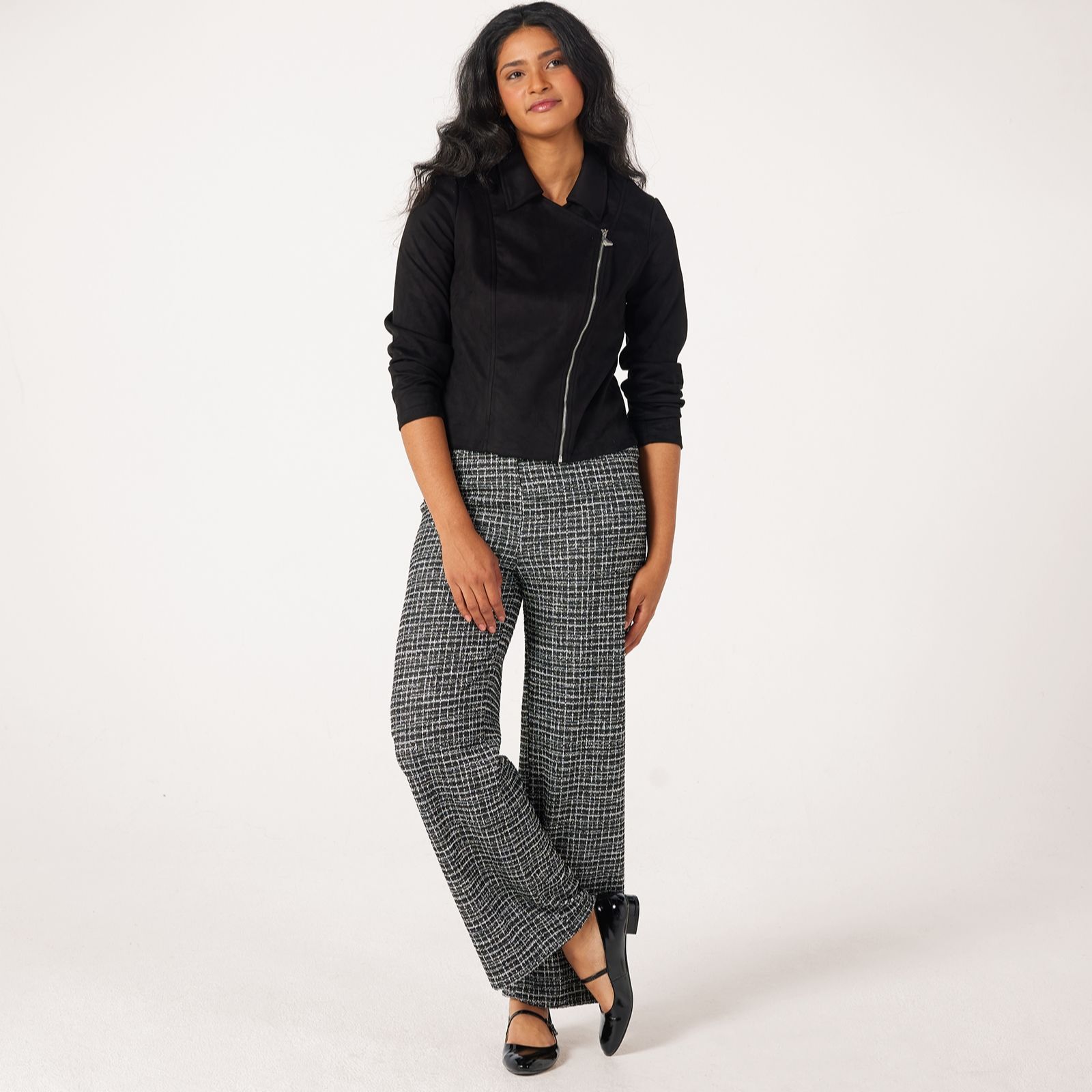 Kim & Co Mini Plaid Boucle Knit Yelena Wide-Leg Trousers Petite