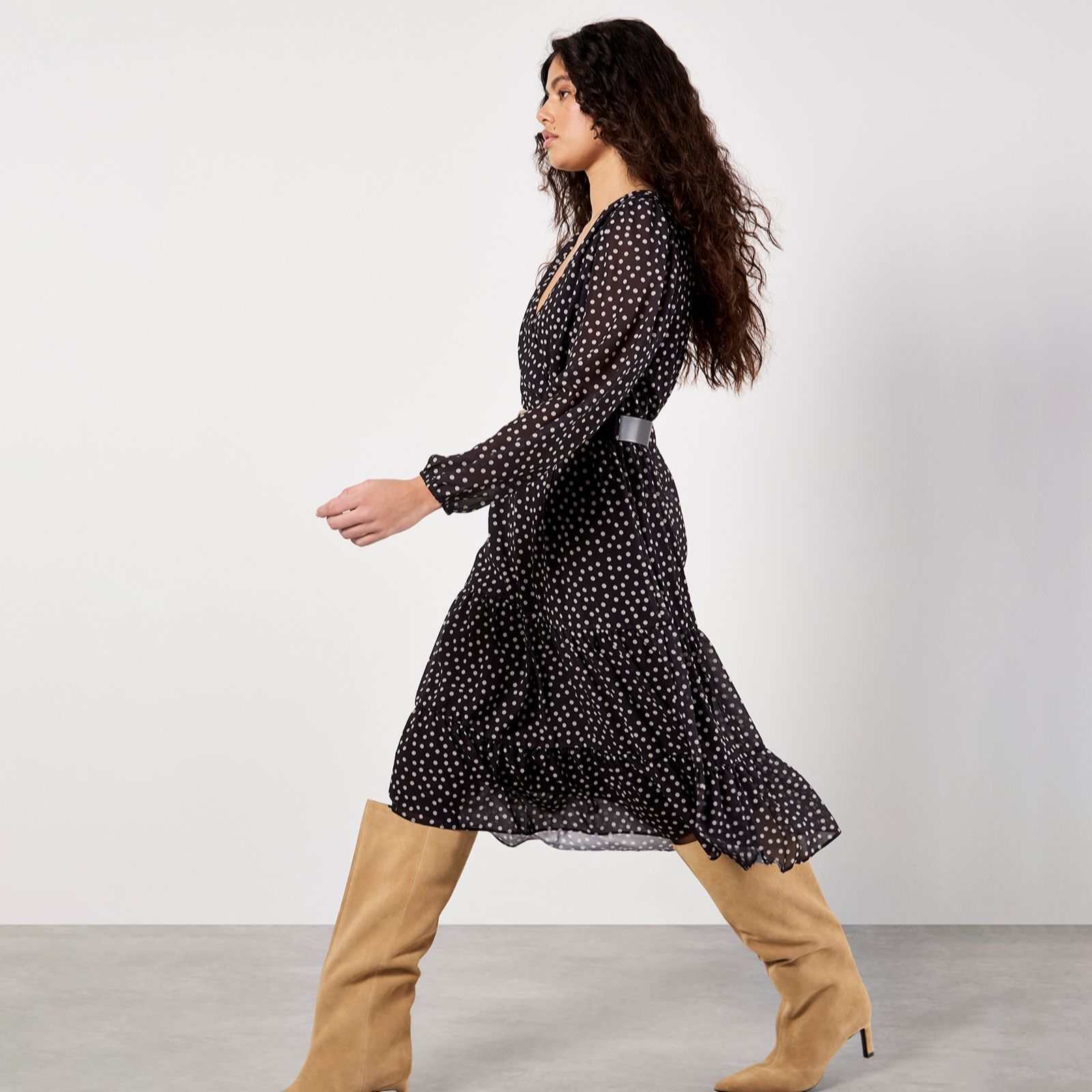 Apricot Polka Dot Wrap Sleeve Shiffon Dress