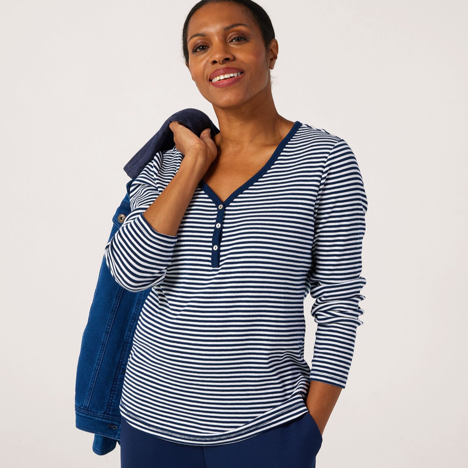 Denim & Co. Ribbed Button Detail Stripe Top