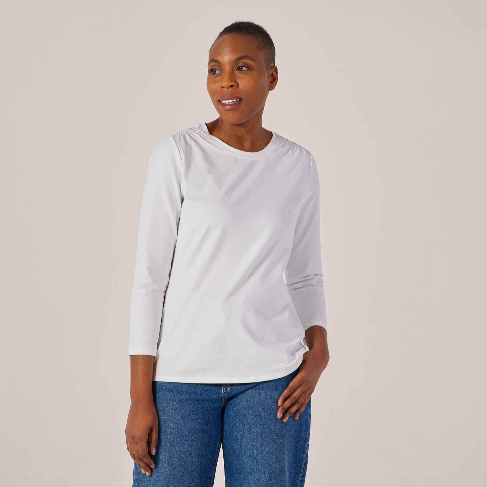 Denim & Co. Essentials Bracelet Sleeve Top With Ruching