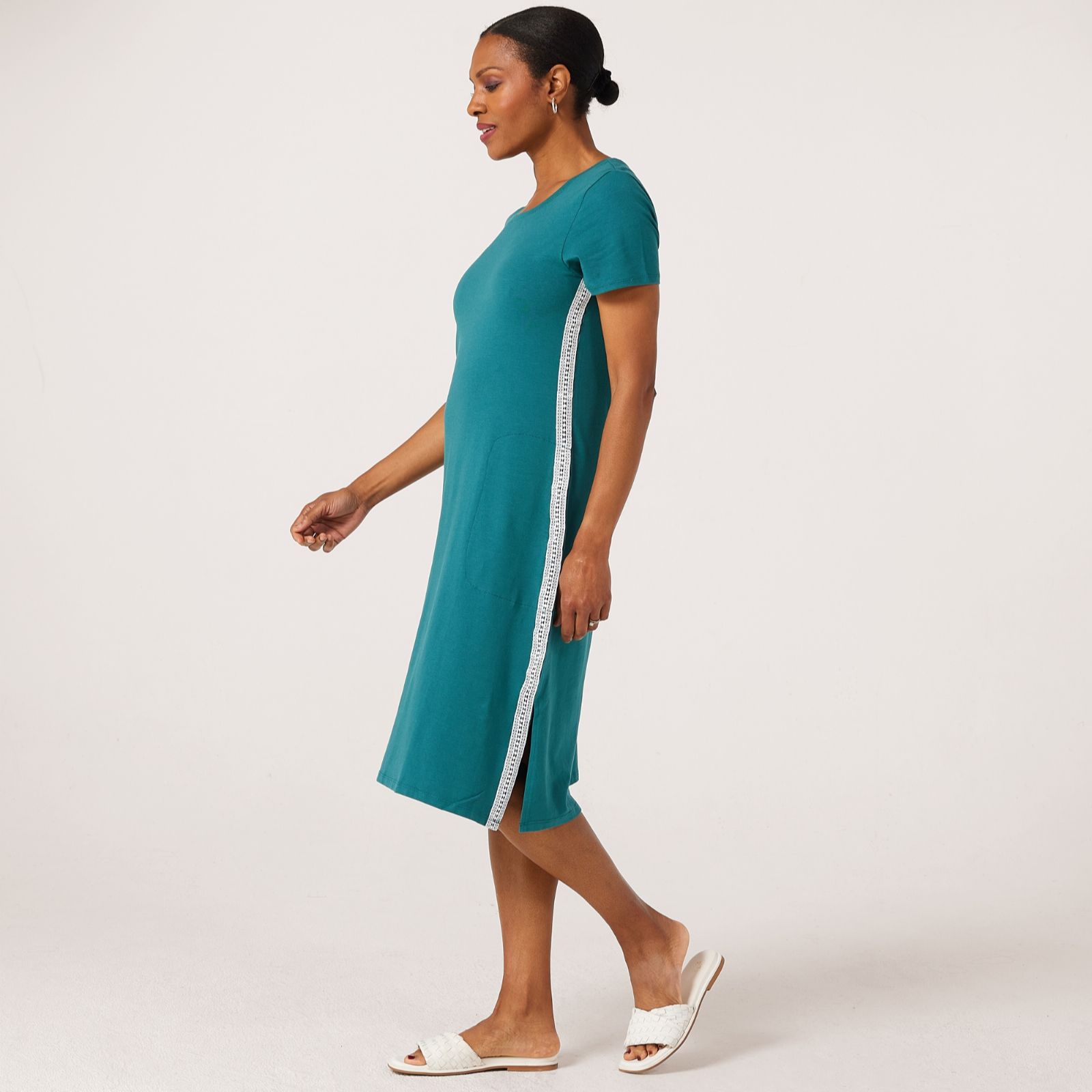 Cuddl Duds Cottonwear Lace Trim Midi Tee Lounge Dress
