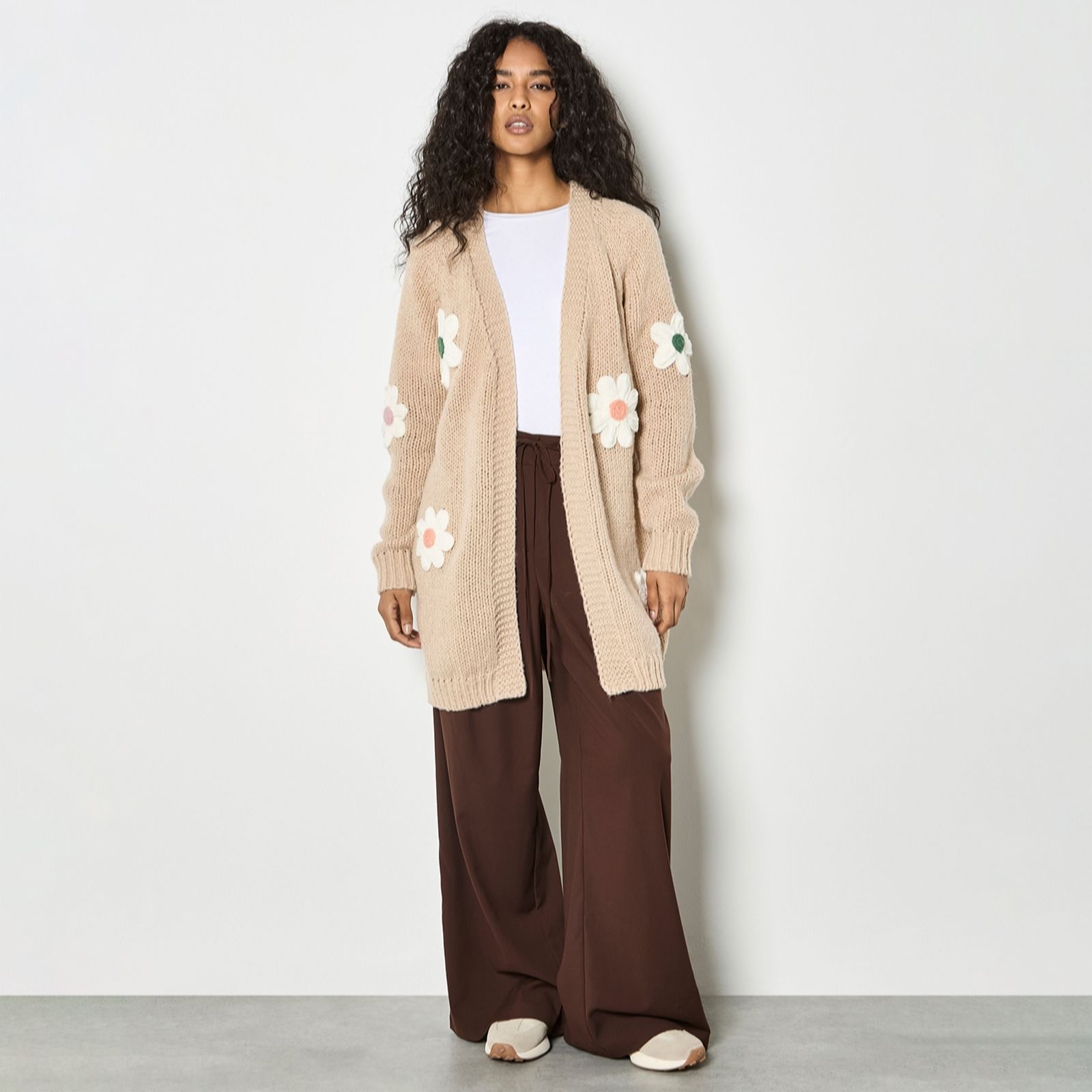 Apricot 3D Daisy Embroidered Open Cardigan