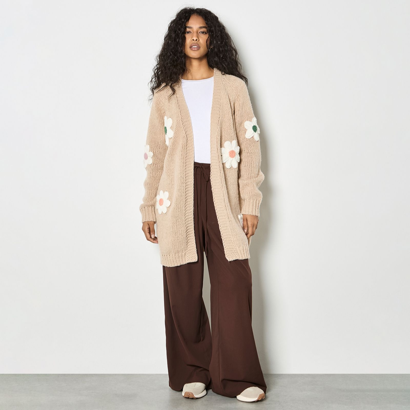 Apricot 3D Daisy Embroidered Open Cardigan