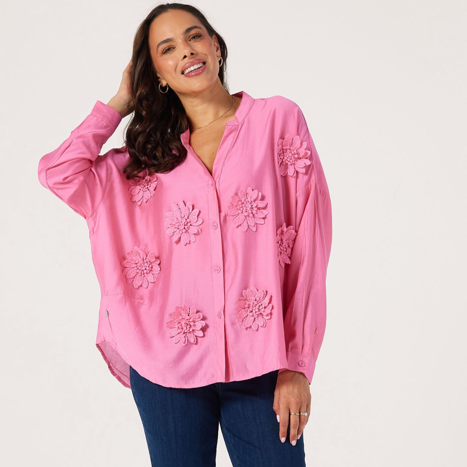 Malissa J Button Through Notch Neck Shirt with Applique Flowers